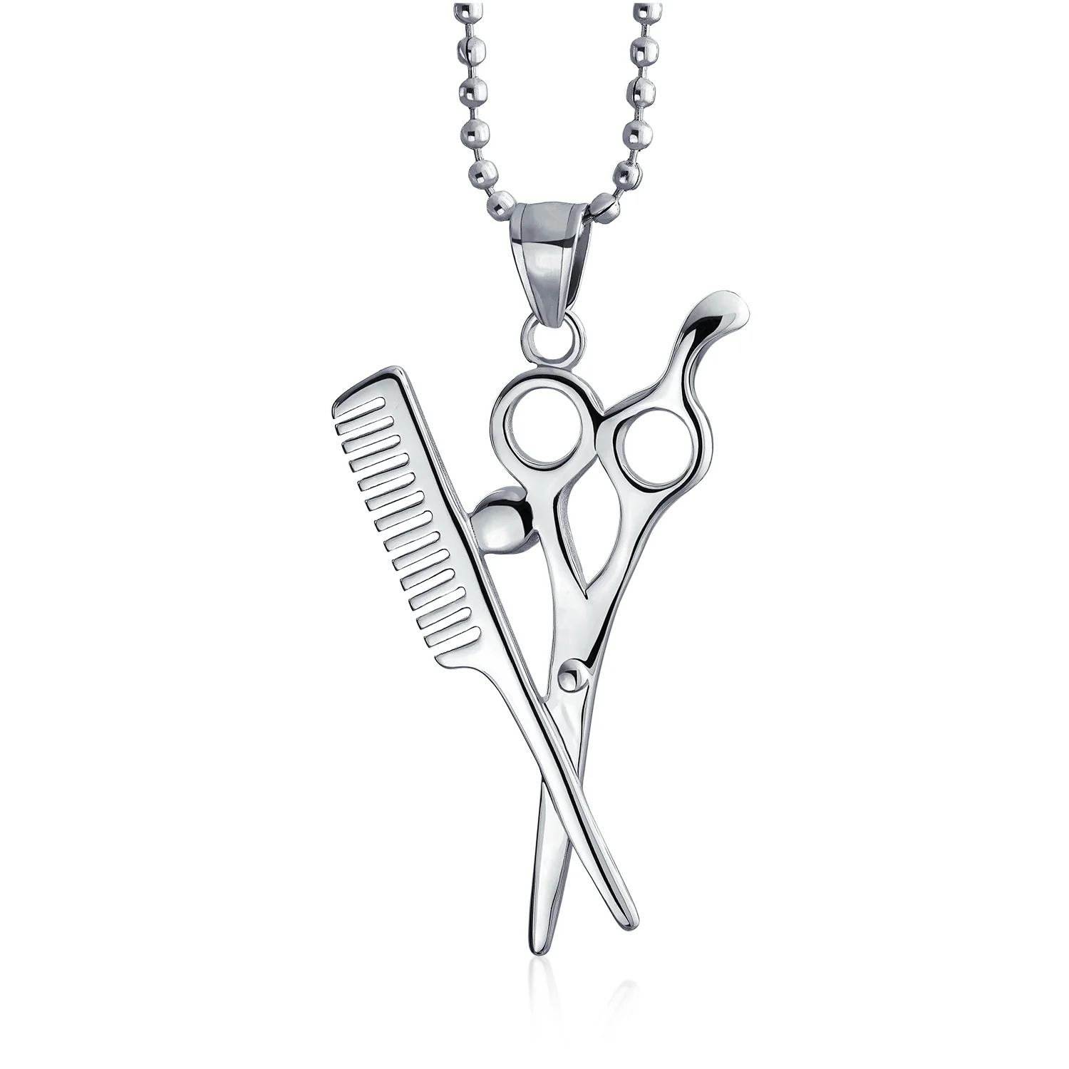 Whimsical Scissors Comb Pendant Necklace Crystal Accent Stainless Steel Chain - Image 2