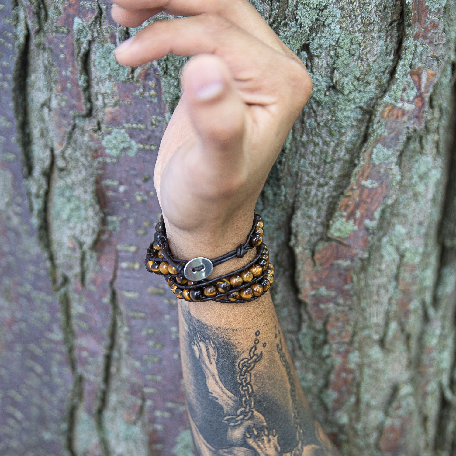 Unisex Wrap Bracelet Two Tone Multi Strand with Tiger Eye & Black Onyx Beads - Image 10