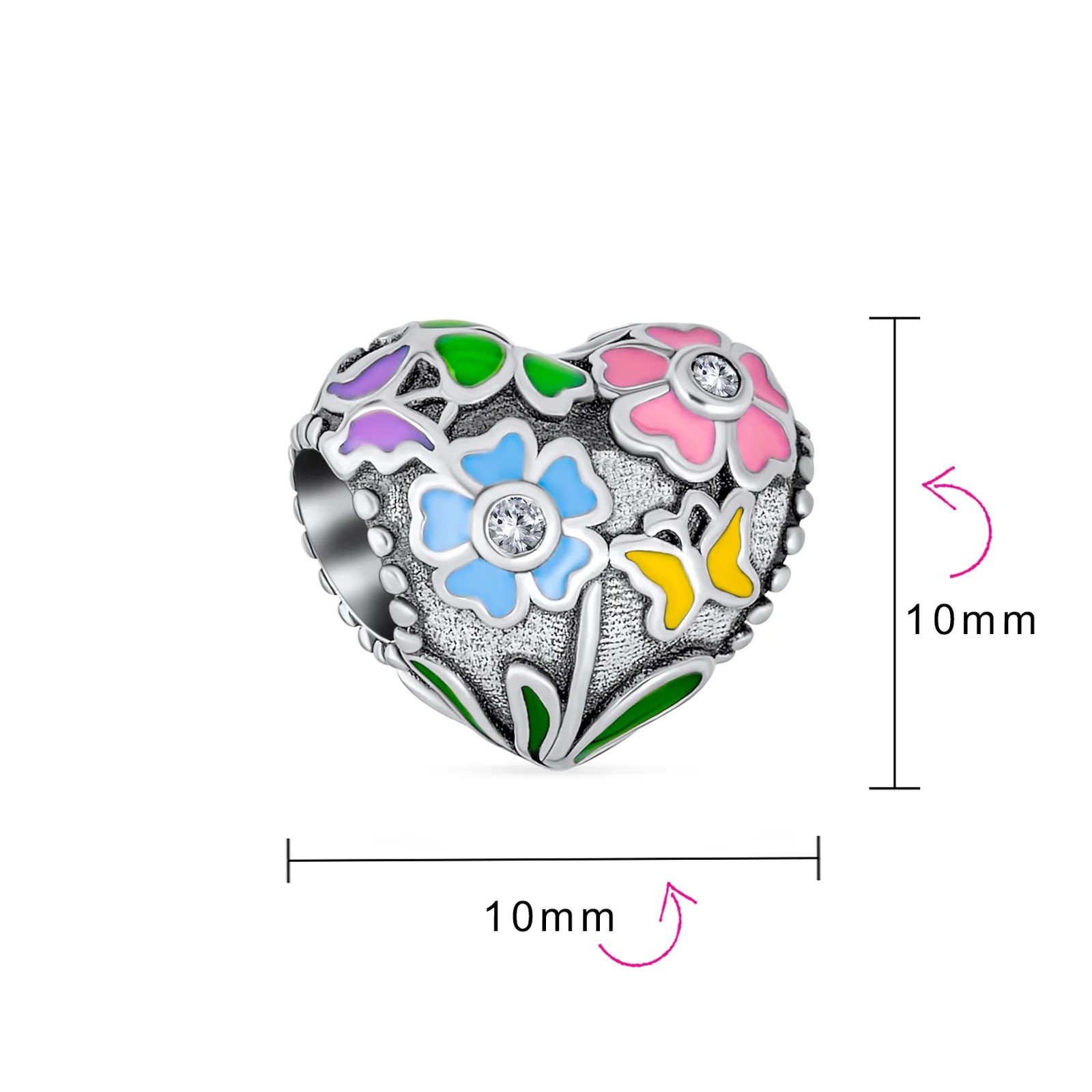 Valentine CZ Accent Love Grows Floral Heart Charm Bead Sterling Silver Bracelet - Image 3