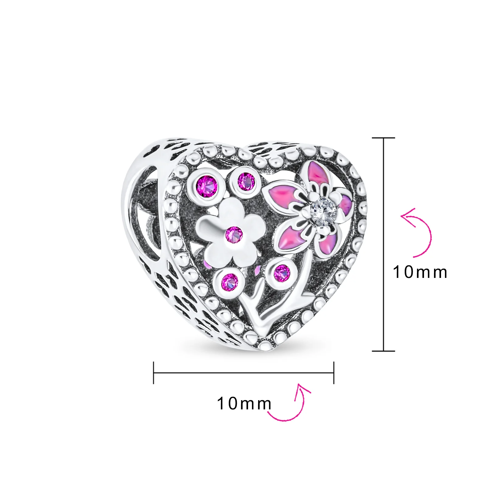 Valentine CZ Accent Pink Red Enamel Flower Heart Charm Bead Sterling Silver Fits European Bracelet - Image 4