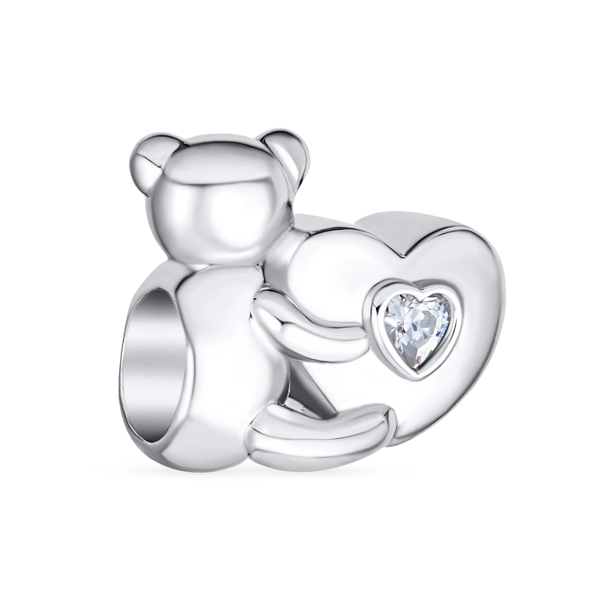 Valentine Heart Teddy Bear CZ Charm Bead for Tween Daughter Silver Bracelet - Image 2