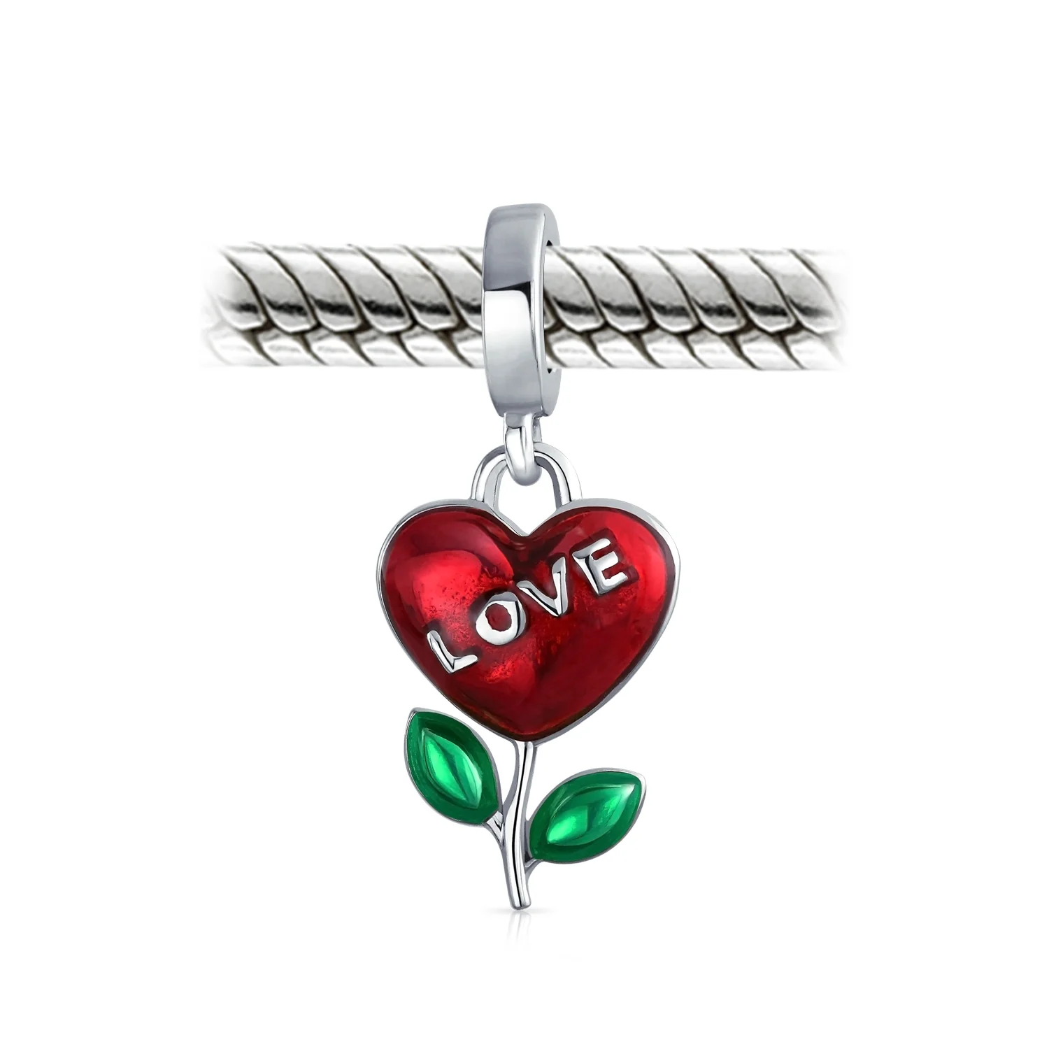 Love Grows Red Enamel Heart Dangle Flower Charm Bead .925 Sterling Silver Fits European Bracelet - Image 4