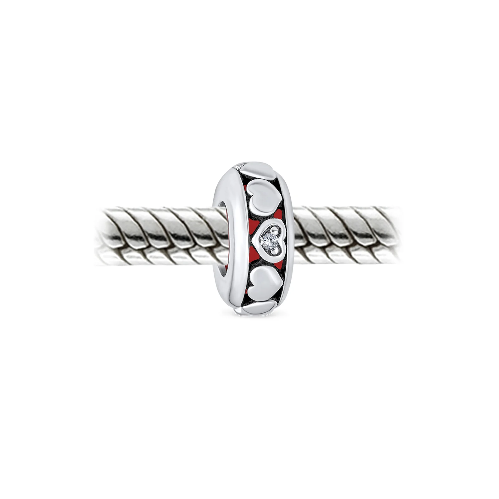 Set of 2 Valentine Lovers Red Hearts Charm Bead Spacer Sterling Silver Fits European Bracelet - Image 2