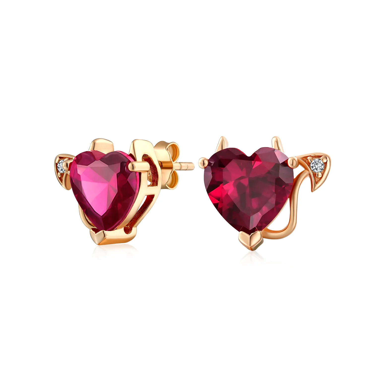 Valentine Red CZ Devil Heart Stud Earrings in Rose Gold Sterling Silver
