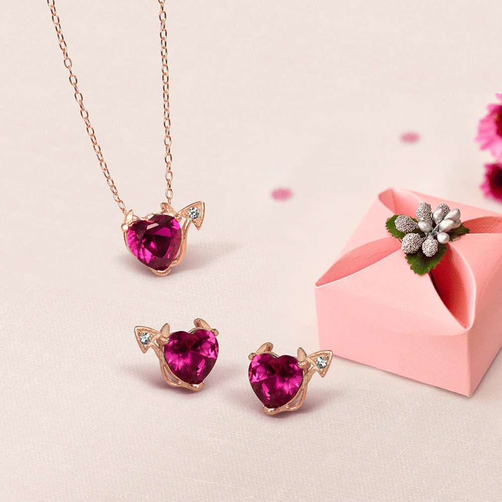 Valentine Red CZ Devil Heart Stud Earrings in Rose Gold Sterling Silver - Image 10