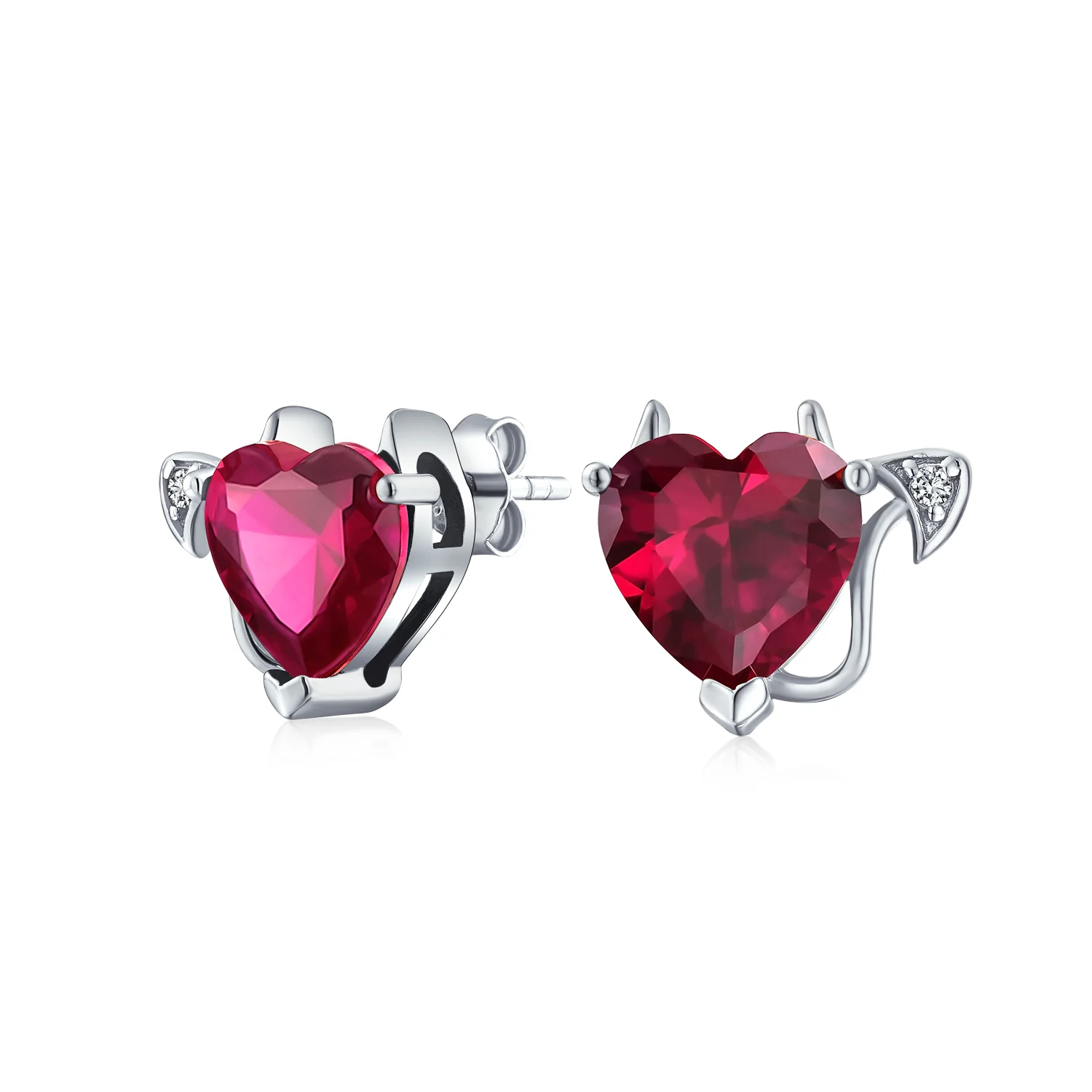 Valentine Red CZ Devil Heart Stud Earrings in Rose Gold Sterling Silver - Image 2