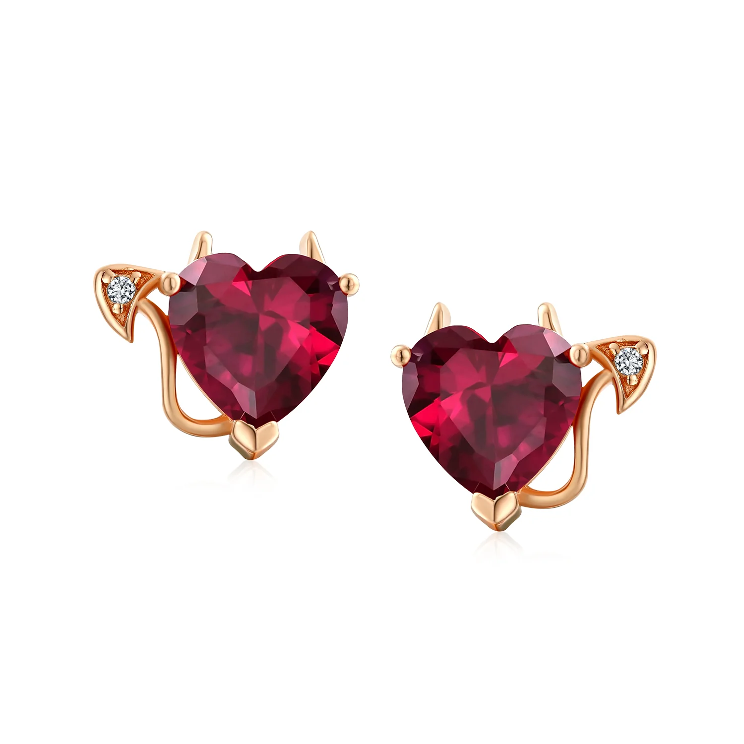 Valentine Red CZ Devil Heart Stud Earrings in Rose Gold Sterling Silver - Image 3