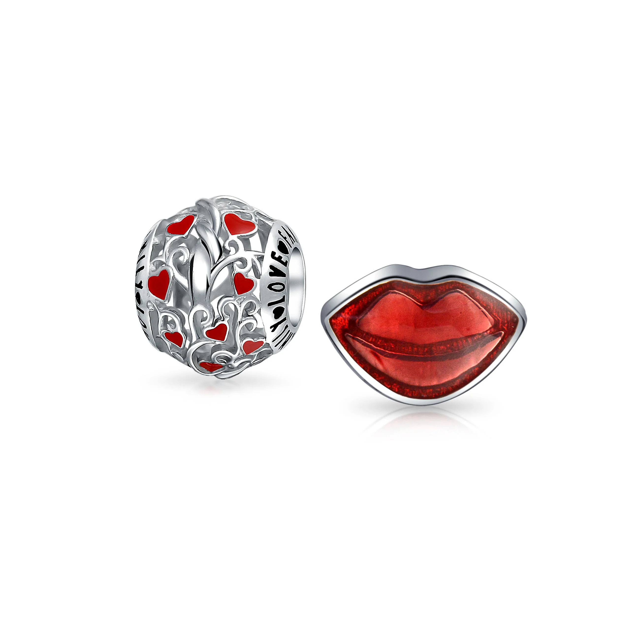 Set of 2 Valentine Kiss Lips & Red I Love You' Heart Charm Bead Sterling Silver Fits European Bracelet