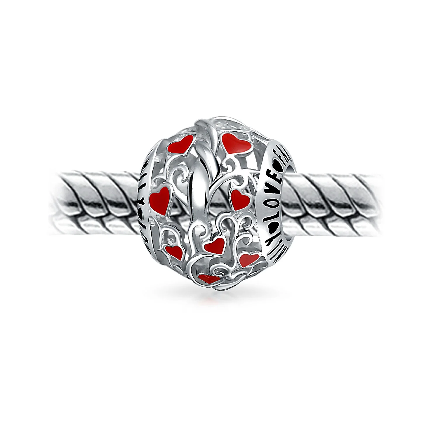 Set of 2 Valentine Kiss Lips & Red I Love You' Heart Charm Bead Sterling Silver Fits European Bracelet - Image 3