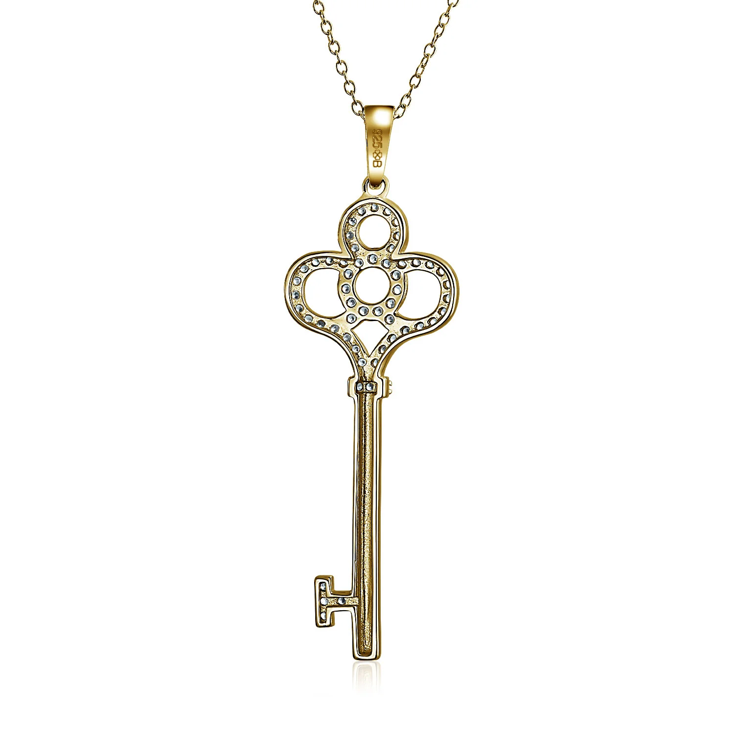 Victorian Style Crown Key Pendant Necklace with CZ in 14K Gold Plated Silver - Image 2