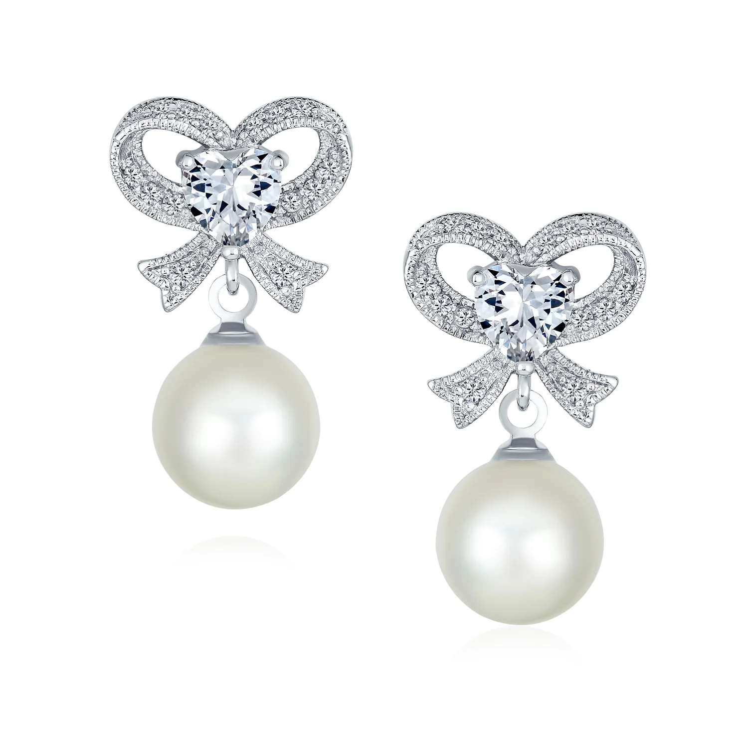 Victorian Dangle Chandelier Earrings with CZ Pearl and Bow Design Silver Plated - Image 2