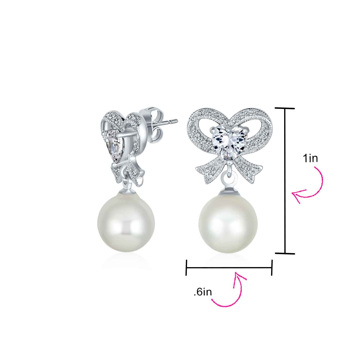 Victorian Dangle Chandelier Earrings with CZ Pearl and Bow Design Silver Plated - Image 4