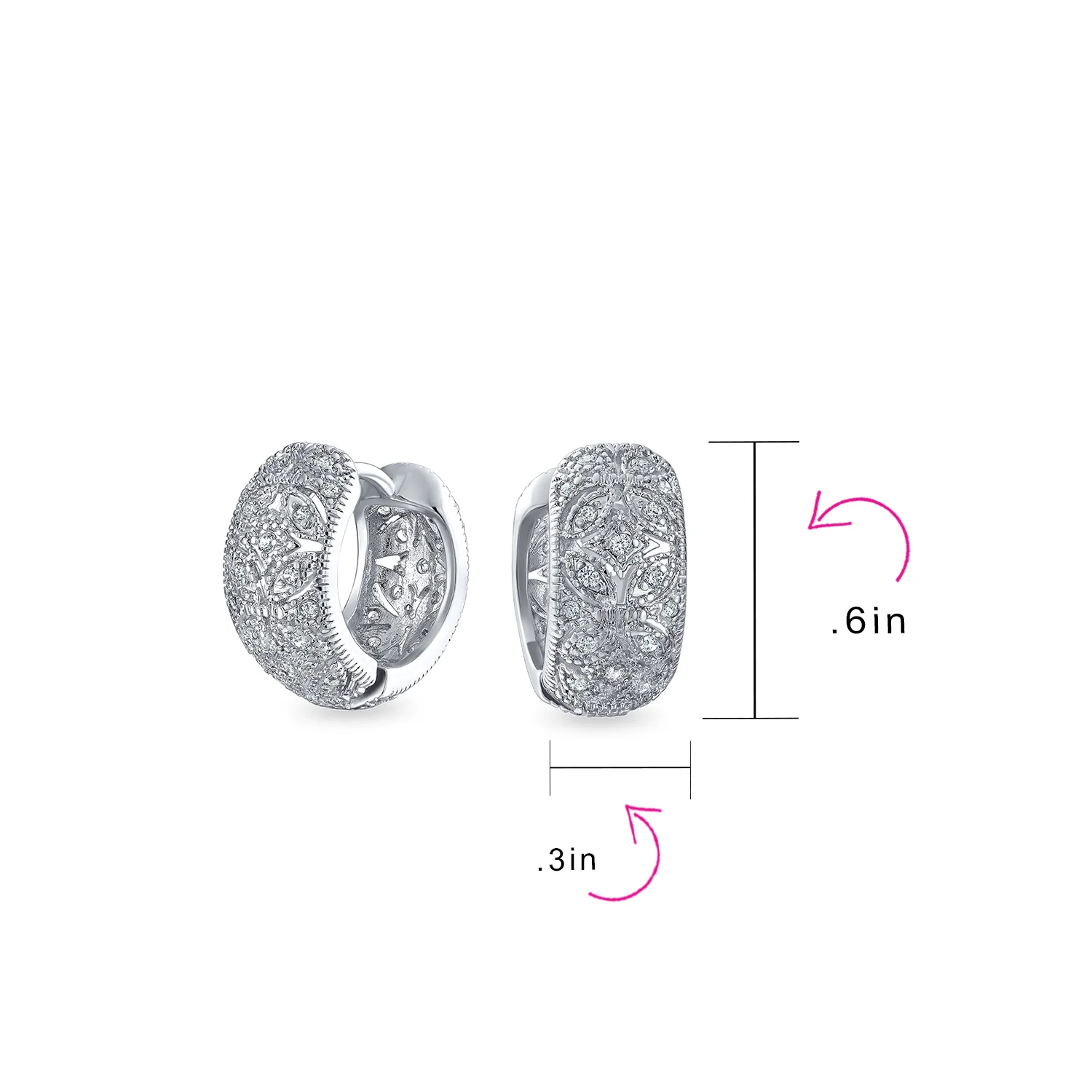 Victorian Style CZ Accent Wide Filigree Flower Huggie Mini Hoop Earrings Gold Plated - Image 10