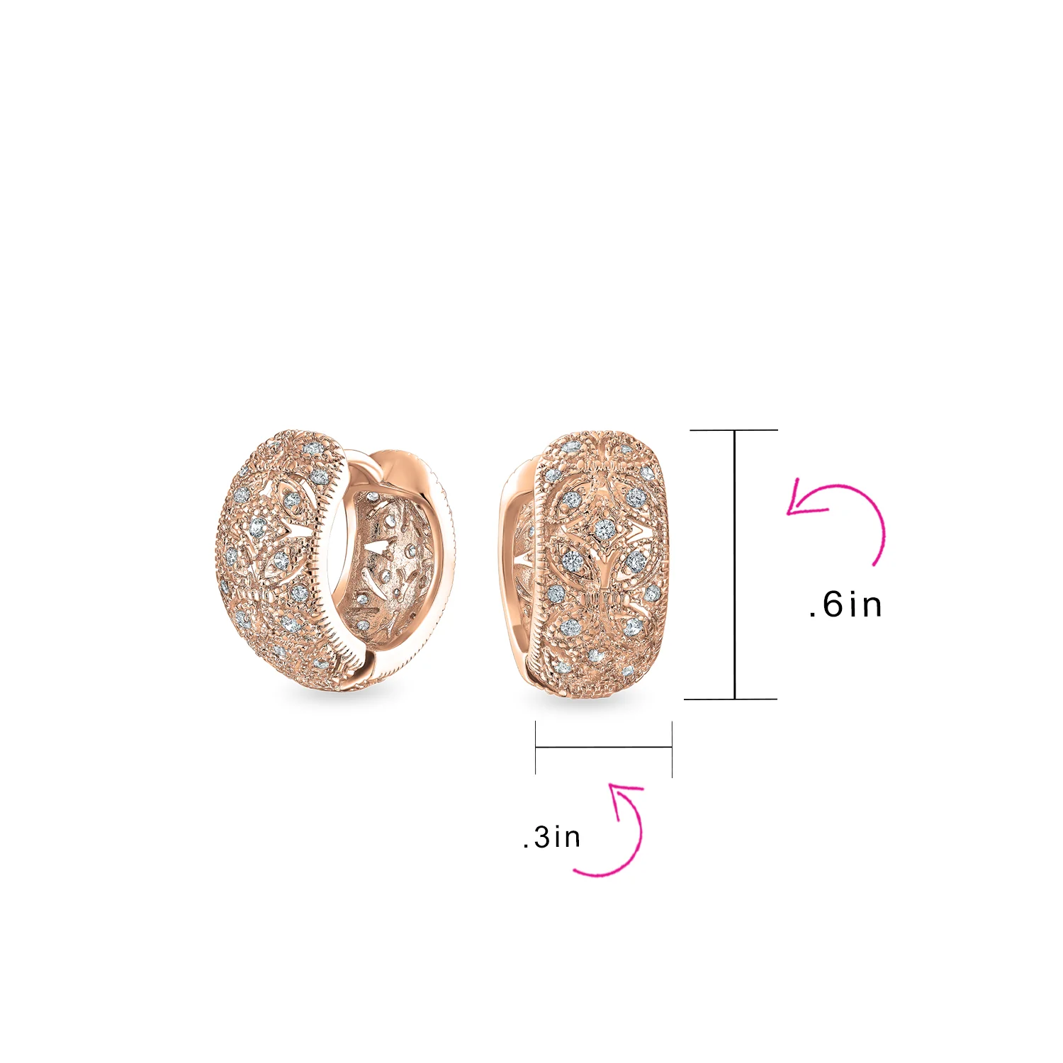 Victorian Style CZ Accent Wide Filigree Flower Huggie Mini Hoop Earrings Gold Plated - Image 11
