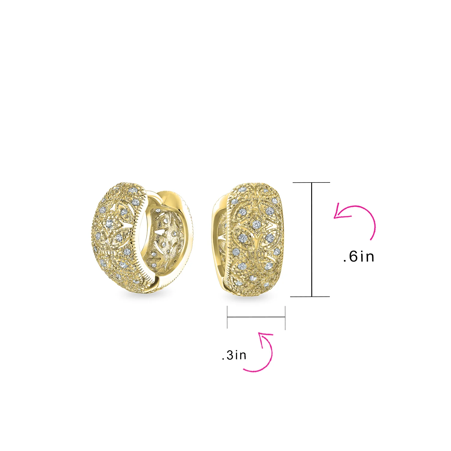 Victorian Style CZ Accent Wide Filigree Flower Huggie Mini Hoop Earrings Gold Plated - Image 12