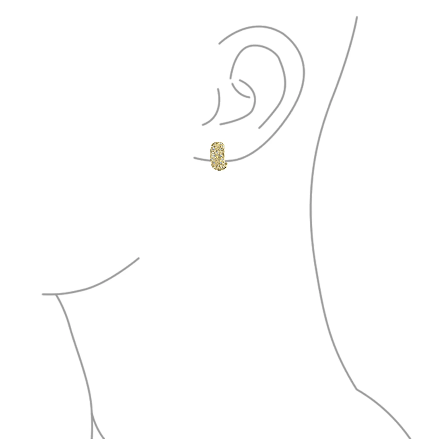 Victorian Style CZ Accent Wide Filigree Flower Huggie Mini Hoop Earrings Gold Plated - Image 14