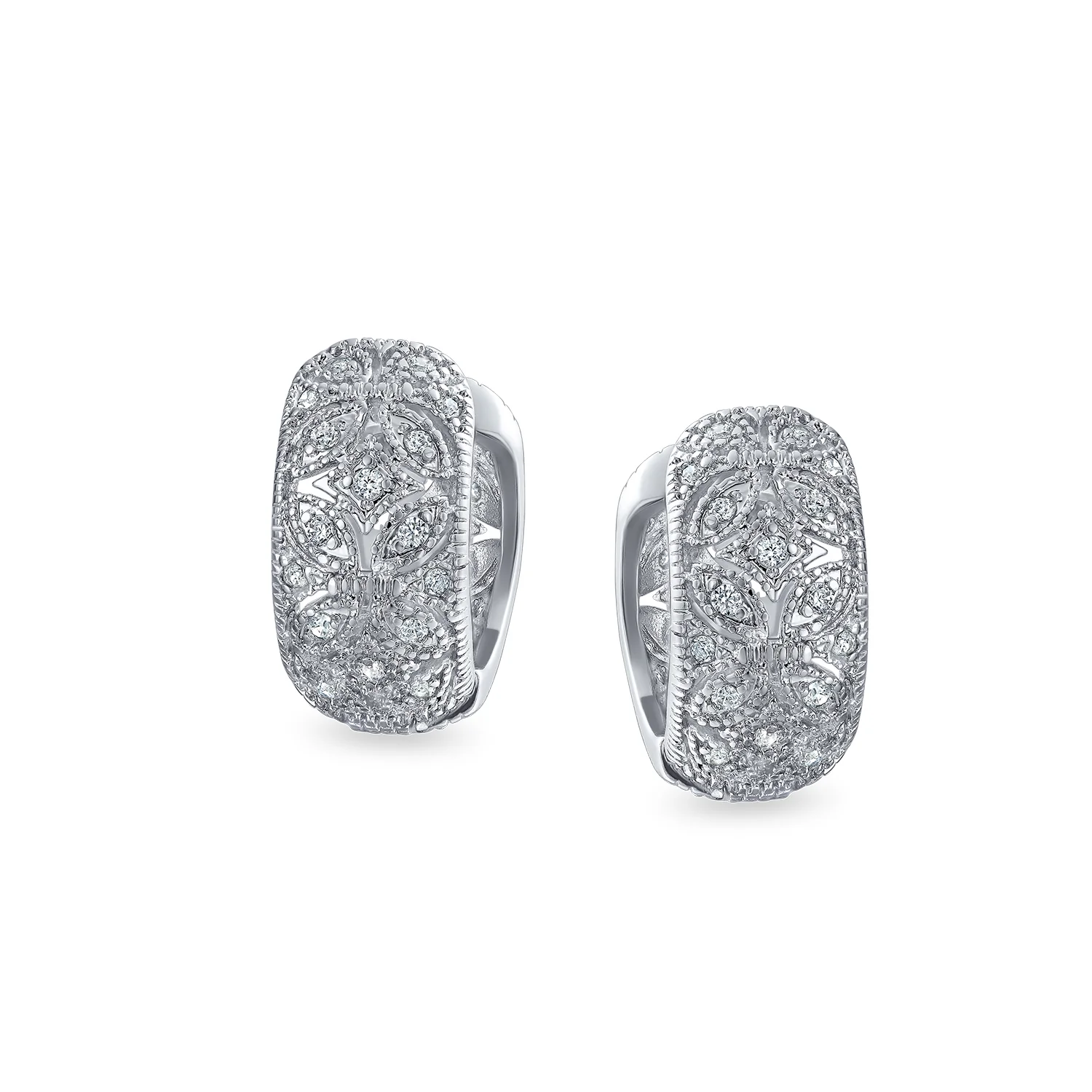 Victorian Style CZ Accent Wide Filigree Flower Huggie Mini Hoop Earrings Gold Plated - Image 4