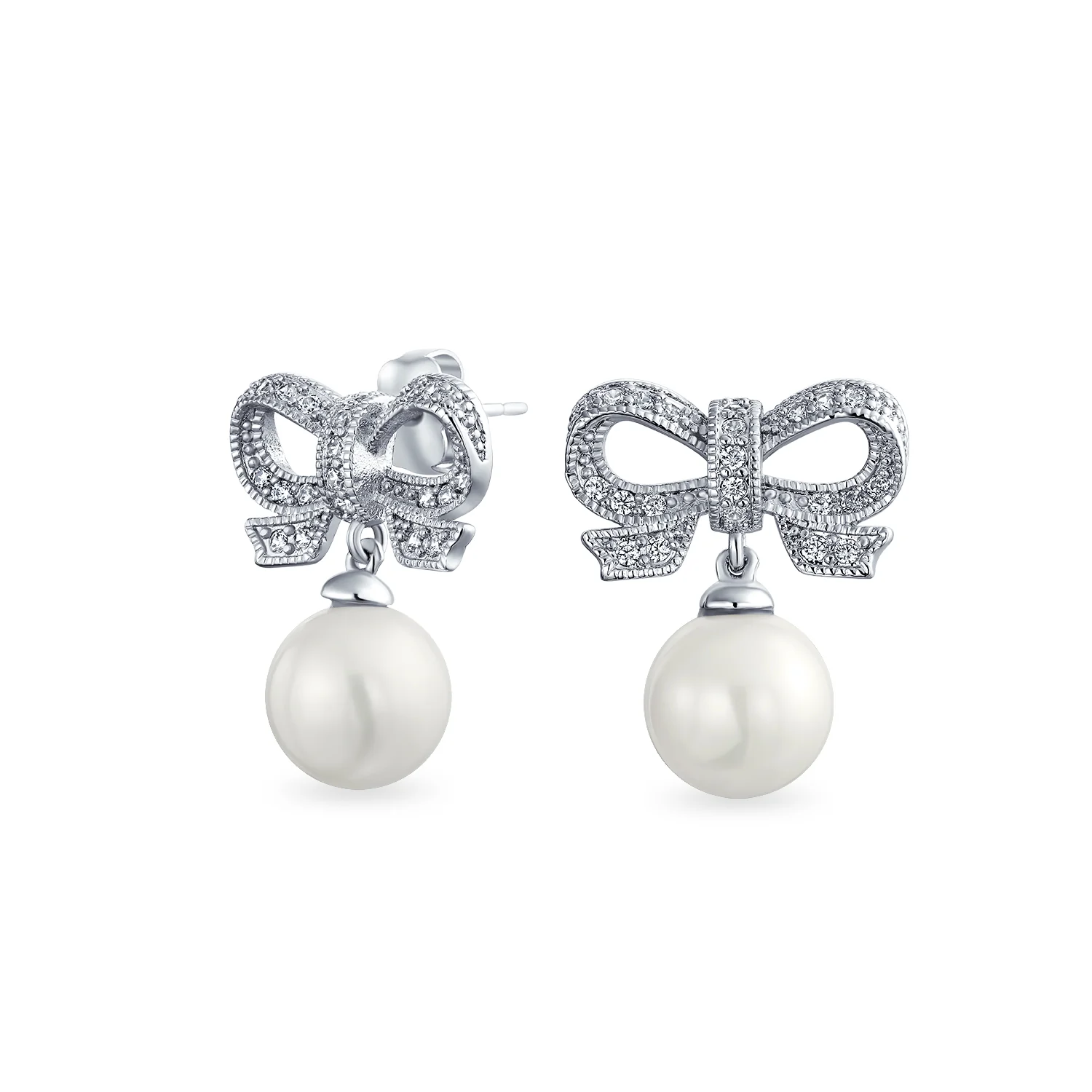 Victorian Dangle Chandelier Earrings with Ribbon CZ and Simulated Pearl Bow