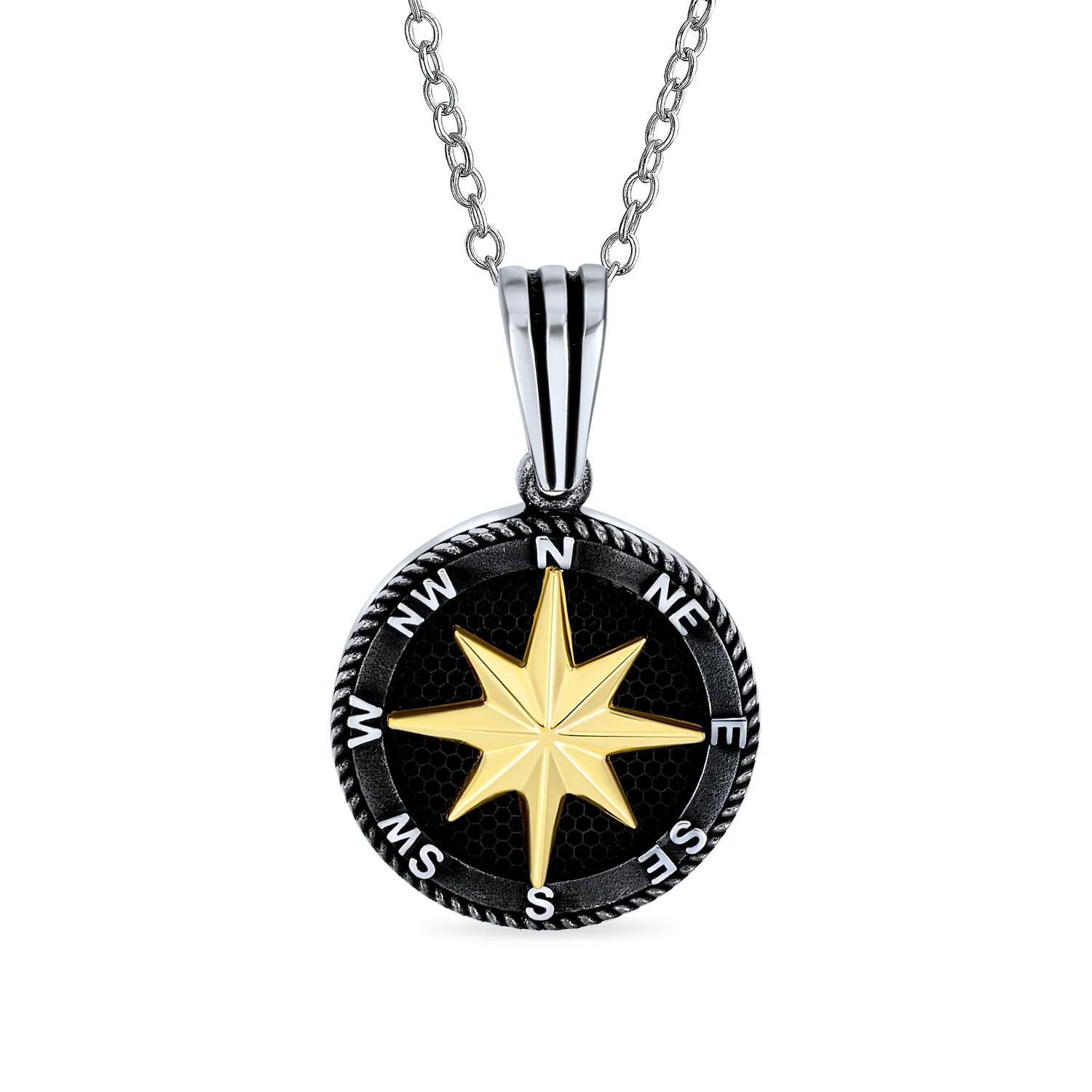 Unisex Viking Compass Pendant Necklace Black Plated Sterling Silver Chain