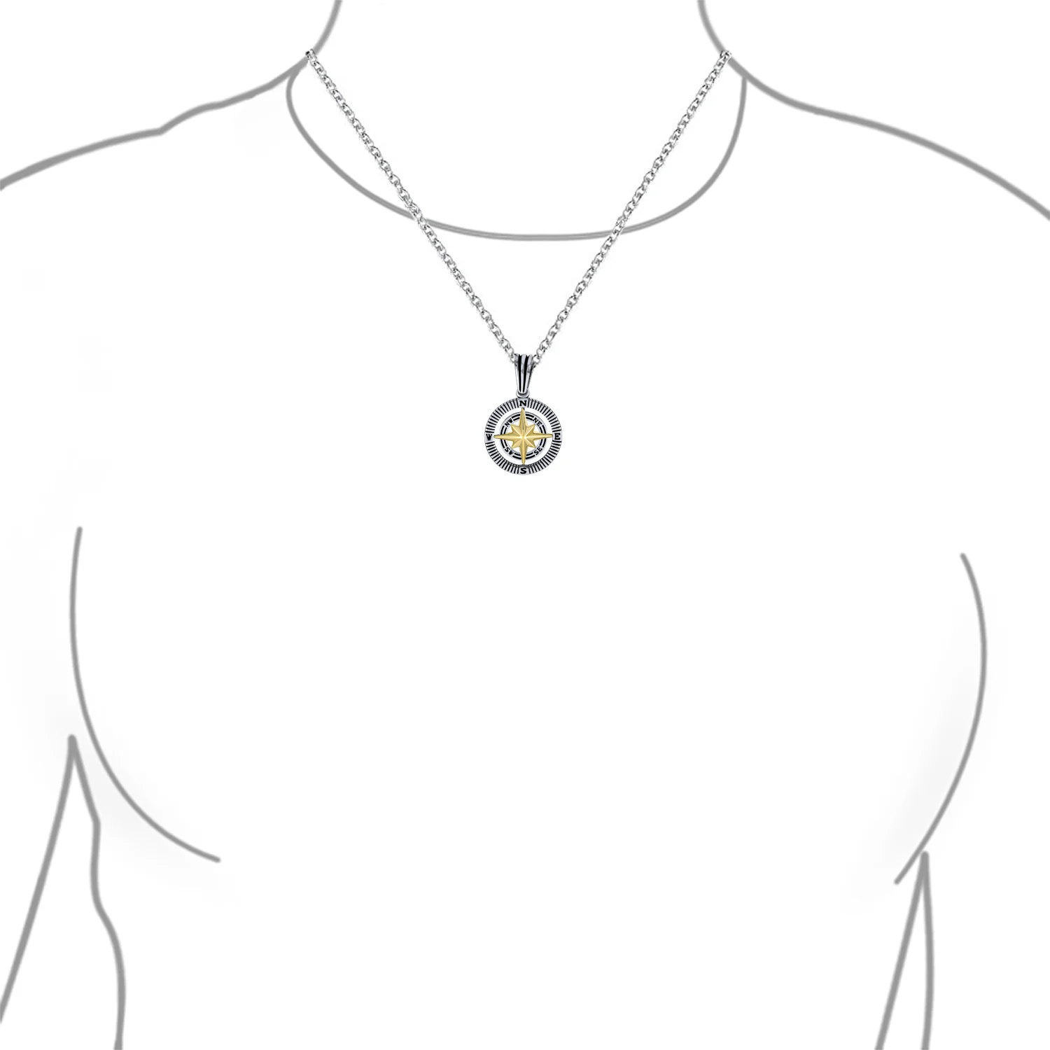 Unisex Viking Compass Pendant Necklace Two-Tone Sterling Silver with Chain - Image 3