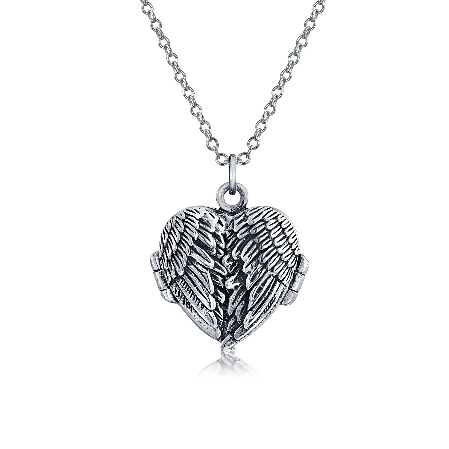 Vintage Style Guardian Angel Wing Heart Photo Locket Necklace Silver Pendant