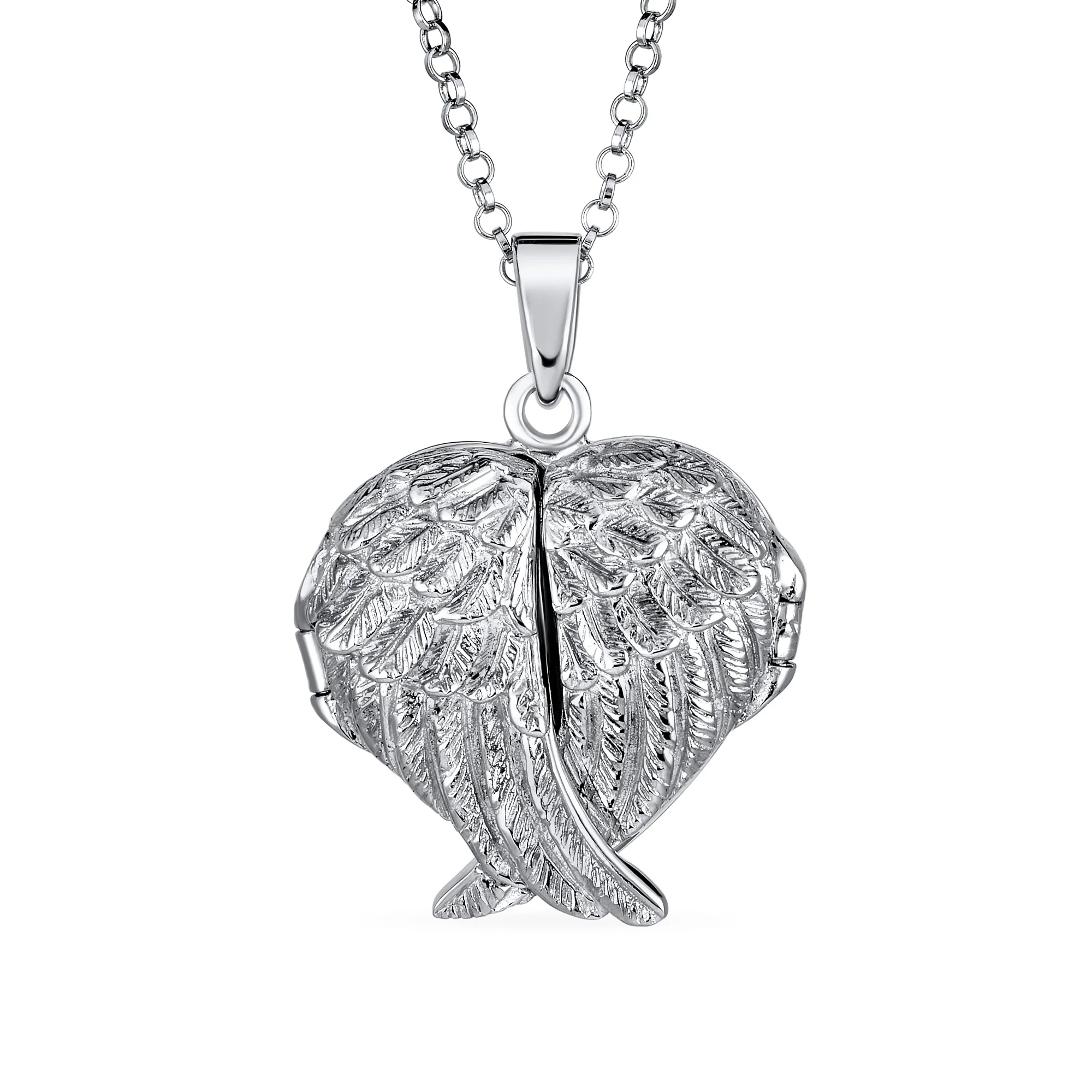 Spiritual Angel Wing Feathers Heart Locket Necklace Keepsake Photos Oxidized .925 Sterling Silver
