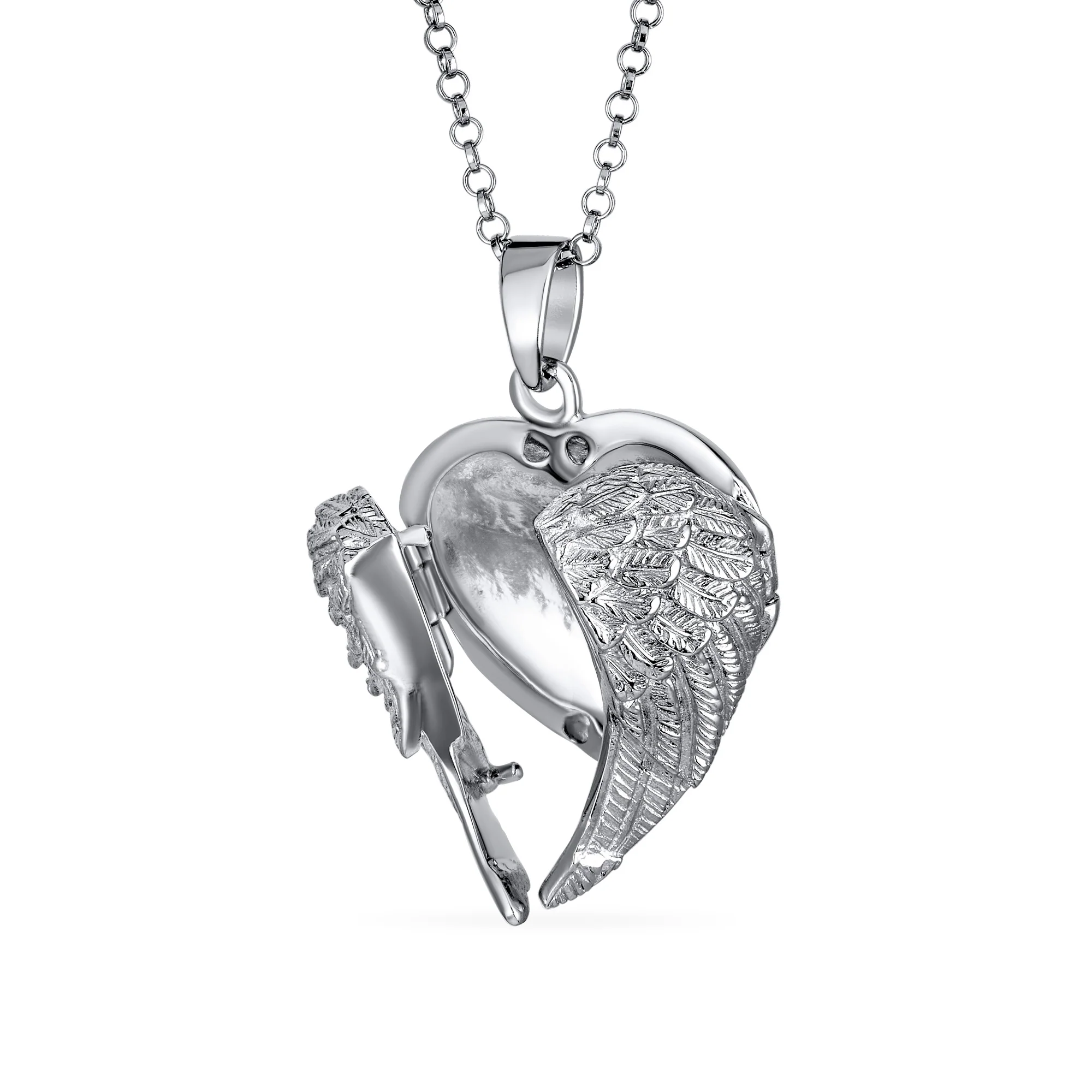 Spiritual Angel Wing Feathers Heart Locket Necklace Keepsake Photos Oxidized .925 Sterling Silver - Image 2