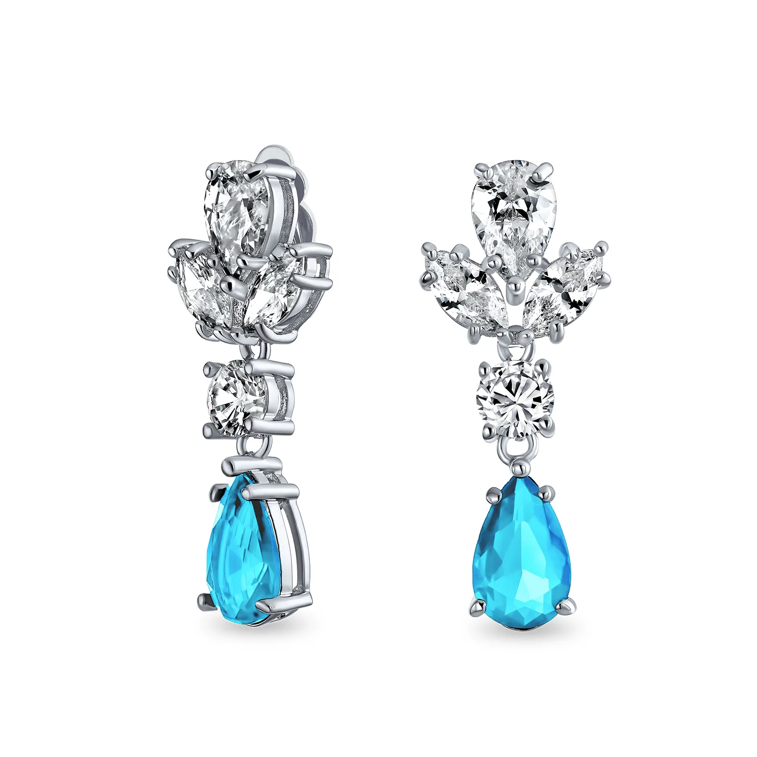 Vintage Art Deco Blue Aquamarine CZ Chandelier Clip-On Earrings Silver Plated - Image 2