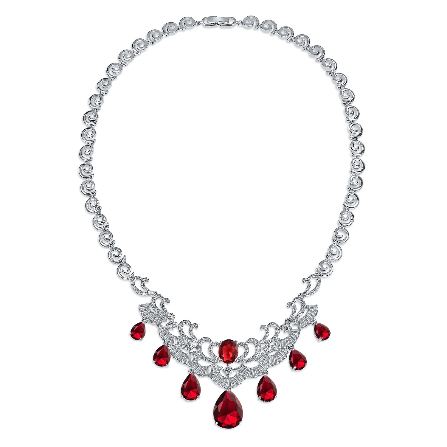 Vintage Art Deco Bridal Red CZ Bib Necklace & Teardrop Earrings Jewelry Set - Image 3
