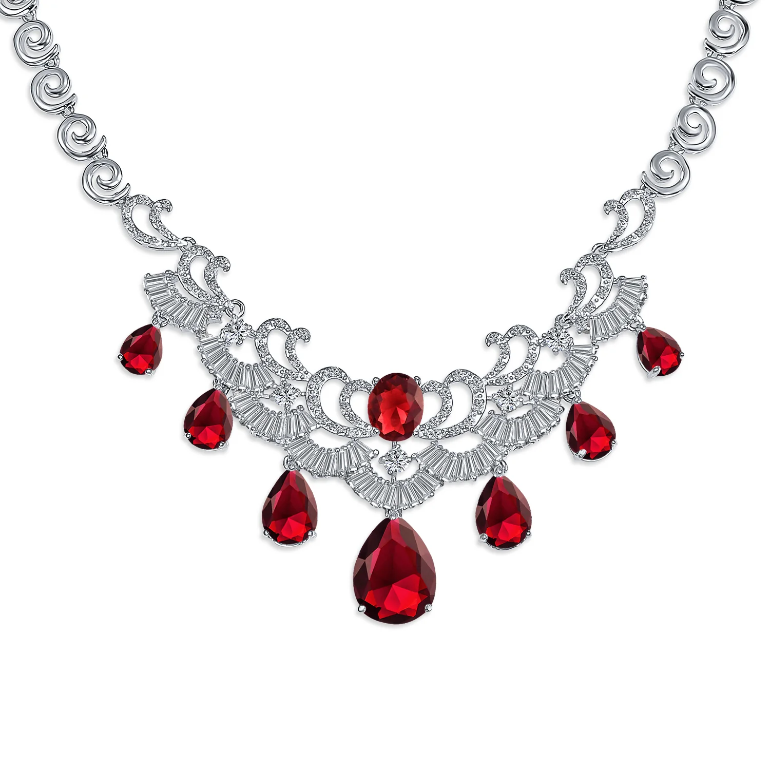 Vintage Art Deco Bridal Red CZ Bib Necklace & Teardrop Earrings Jewelry Set - Image 4