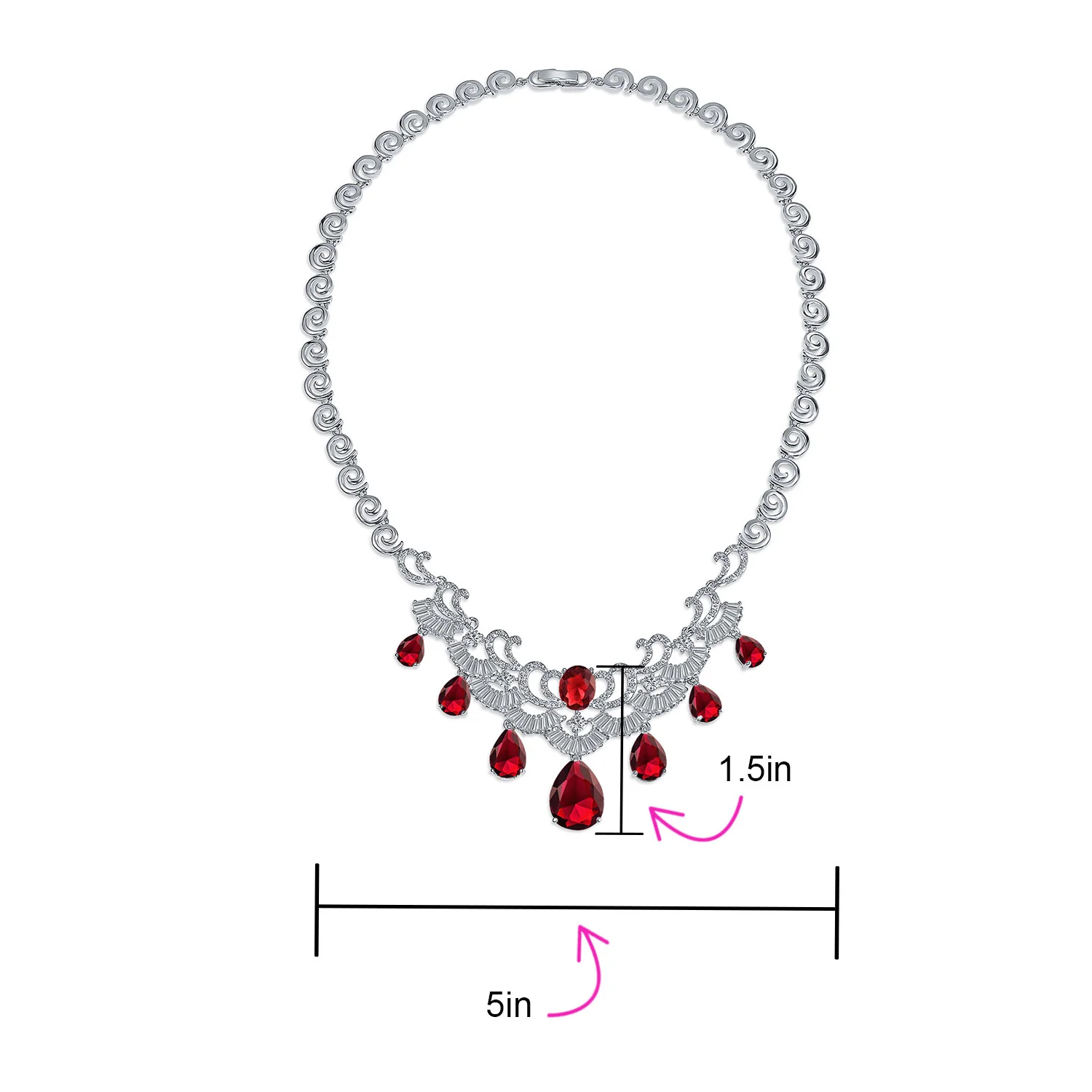 Vintage Art Deco Bridal Red CZ Bib Necklace & Teardrop Earrings Jewelry Set - Image 5