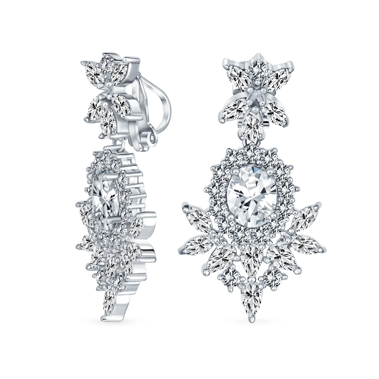 Cocktail Leaf Motif Cubic Zirconia Black White CZ Chandelier Clip-On Earrings - Image 2