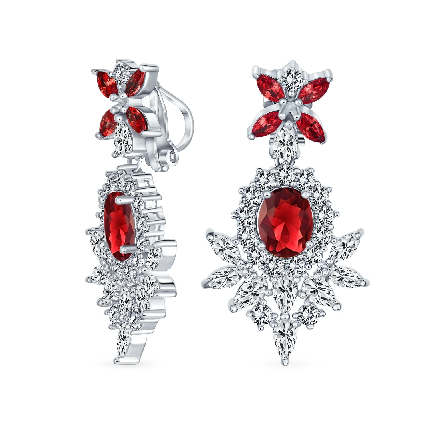 Cocktail Leaf Motif Cubic Zirconia Black White CZ Chandelier Clip-On Earrings - Image 3