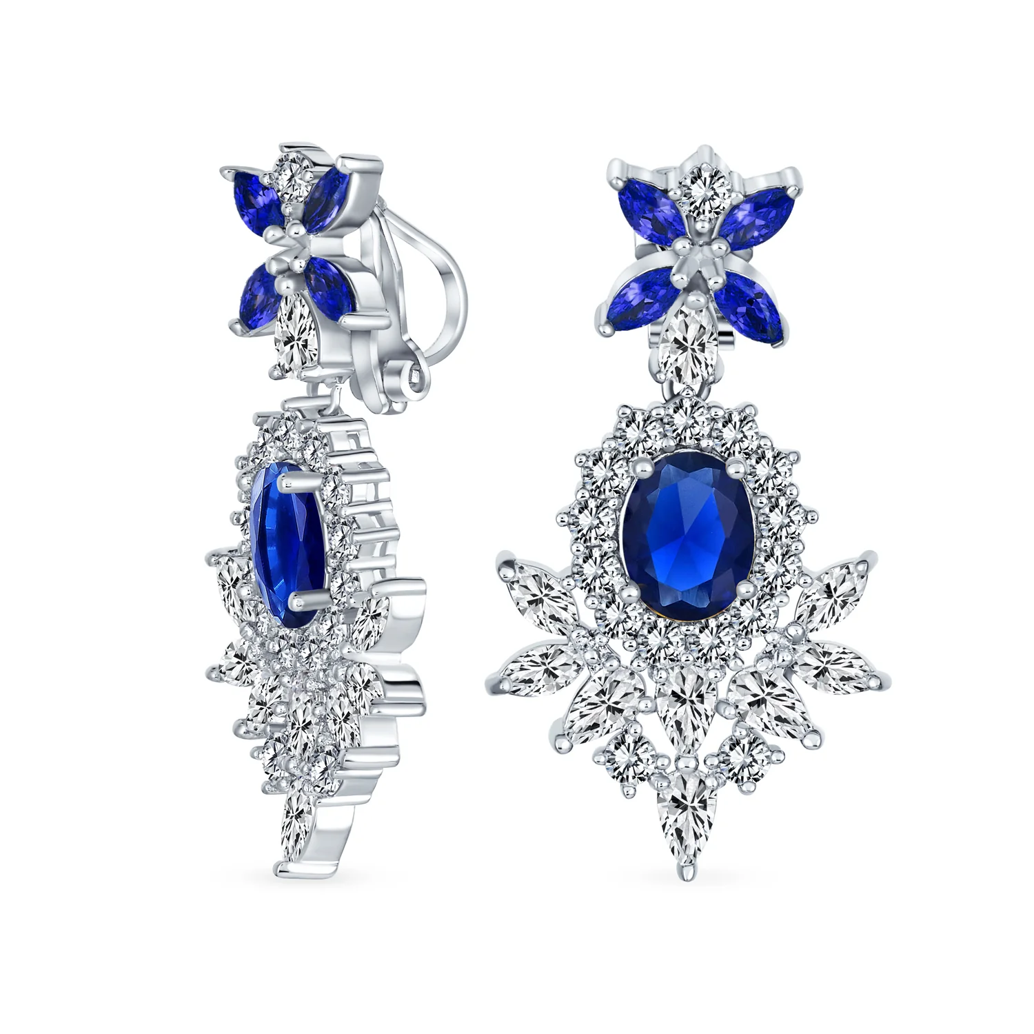 Cocktail Leaf Motif Cubic Zirconia Black White CZ Chandelier Clip-On Earrings - Image 4