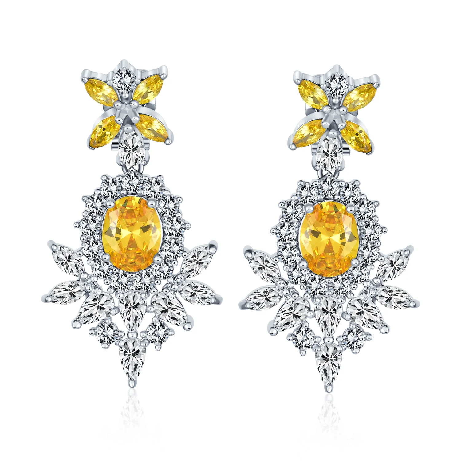 Cocktail Leaf Motif Cubic Zirconia Black White CZ Chandelier Clip-On Earrings - Image 5