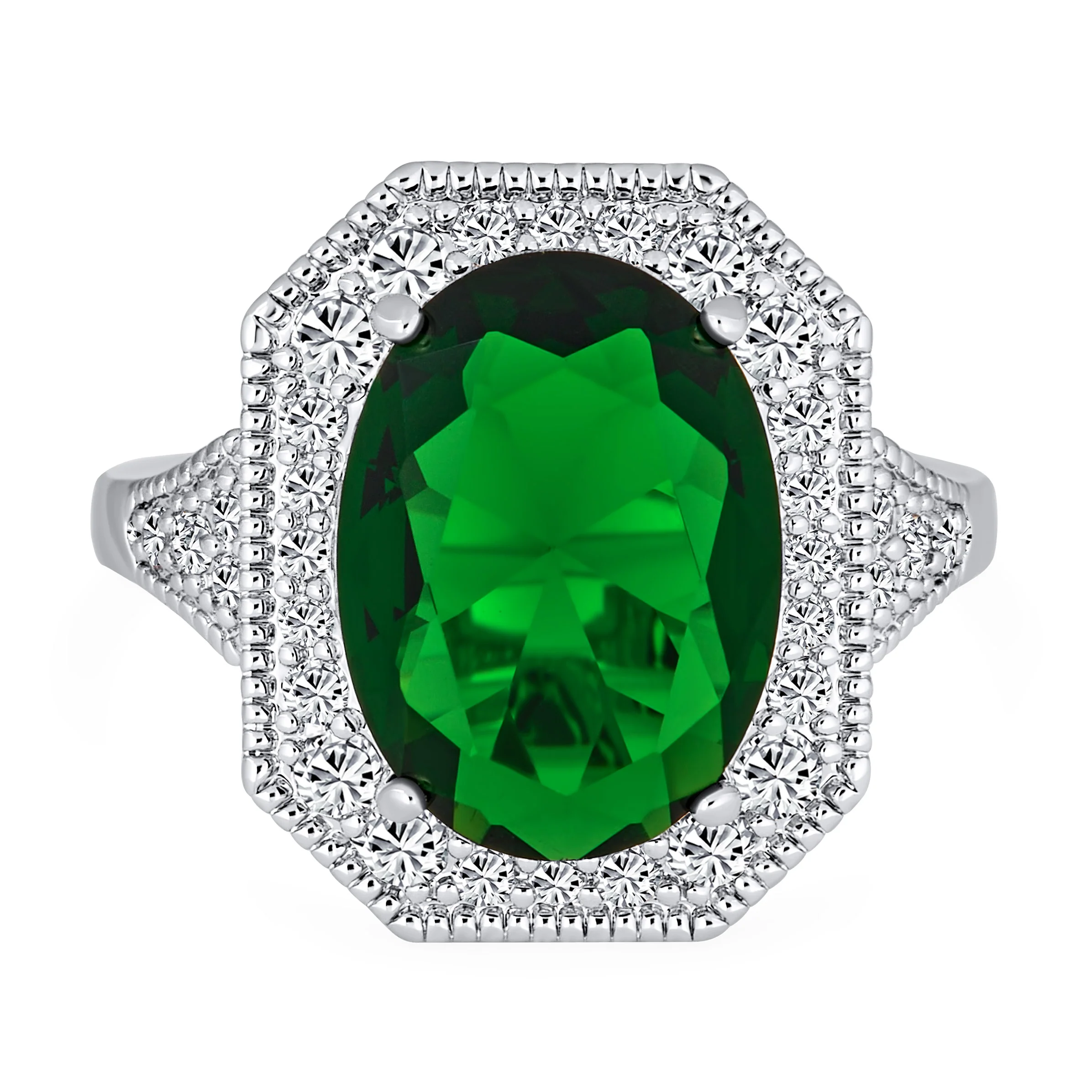 Art Deco Style Cocktail Ring Statement 15CTW Oval Solitaire Green CZ Pave Silver Plated - Image 2