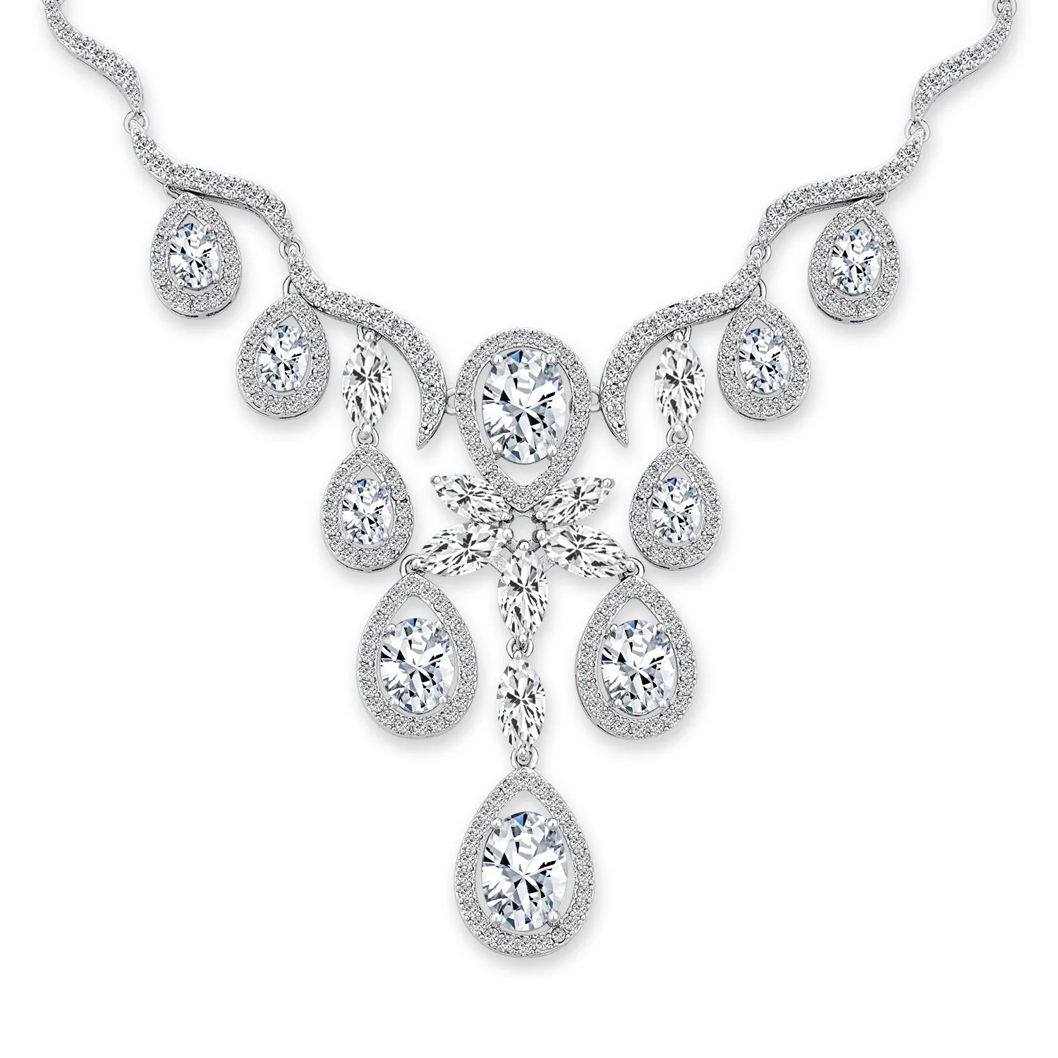 Vintage Art Deco Collar Necklace Set with Teardrop CZ and Earrings Silver Plated - Image 2