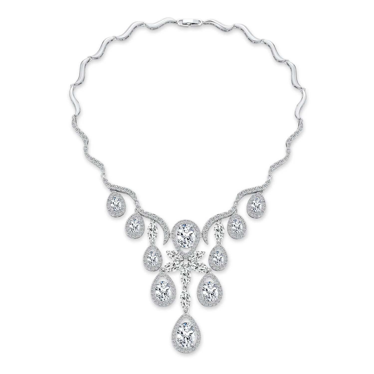 Vintage Art Deco Collar Necklace Set with Teardrop CZ and Earrings Silver Plated - Image 5