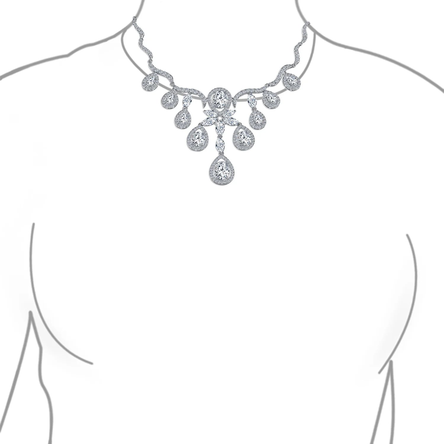 Vintage Art Deco Collar Necklace Set with Teardrop CZ and Earrings Silver Plated - Image 8