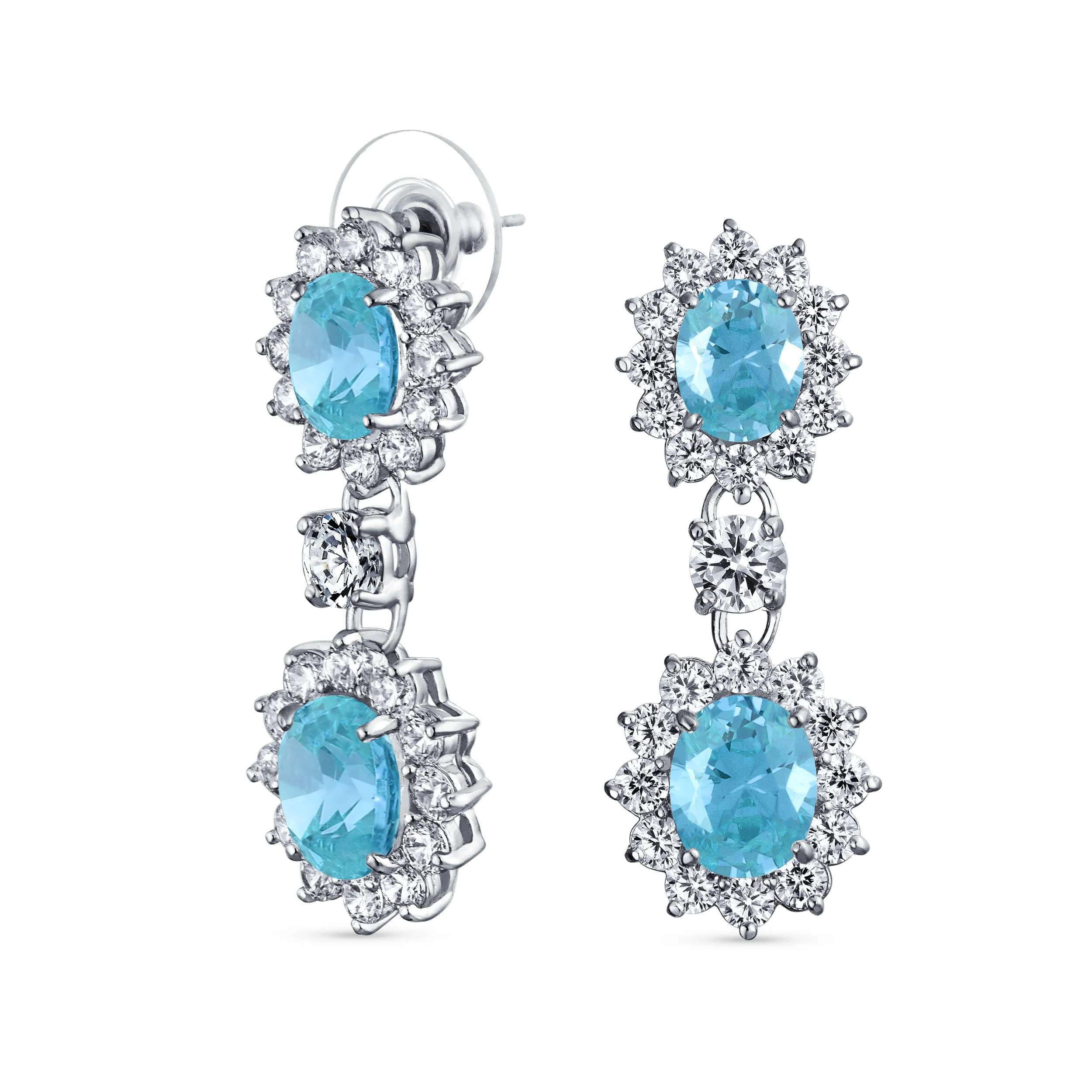 Art Deco Style Crown Halo Oval CZ Fashion Dangle Drop Earrings Rhodium Plated