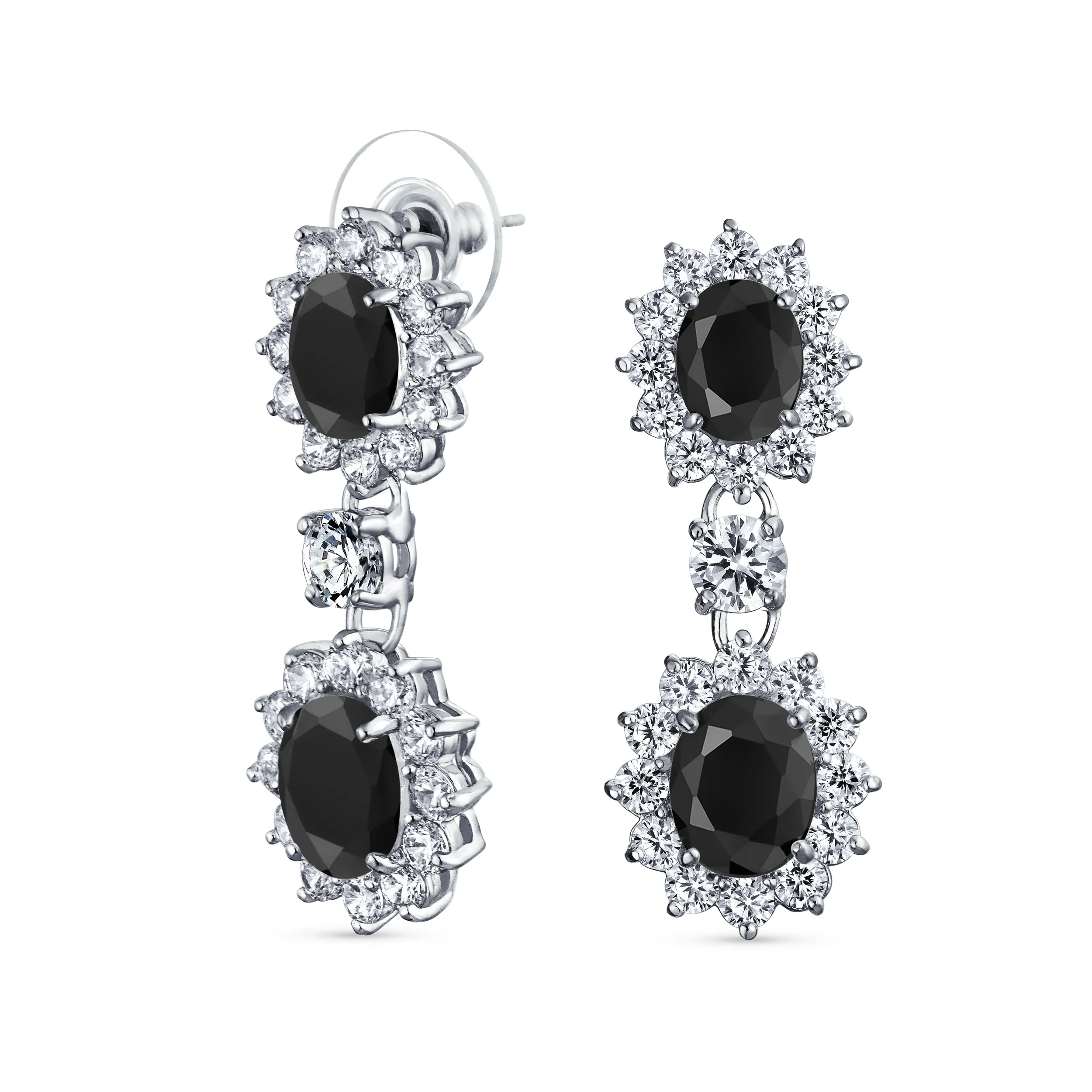 Art Deco Style Crown Halo Oval CZ Fashion Dangle Drop Earrings Rhodium Plated - Image 2