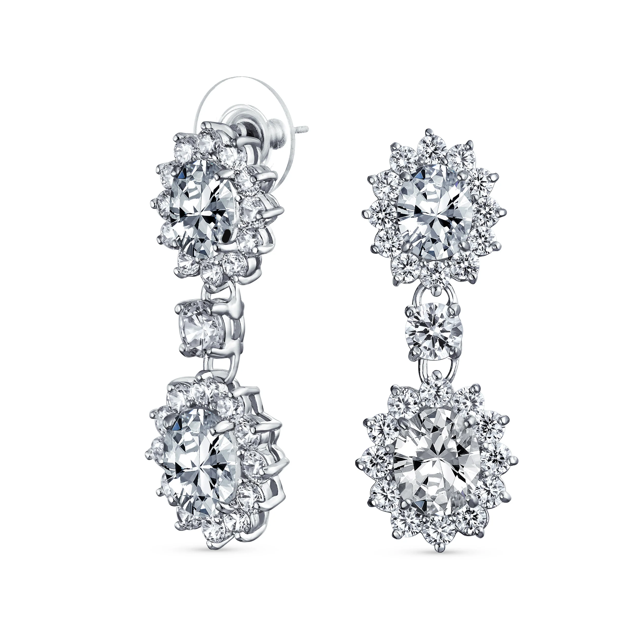 Art Deco Style Crown Halo Oval CZ Fashion Dangle Drop Earrings Rhodium Plated - Image 3