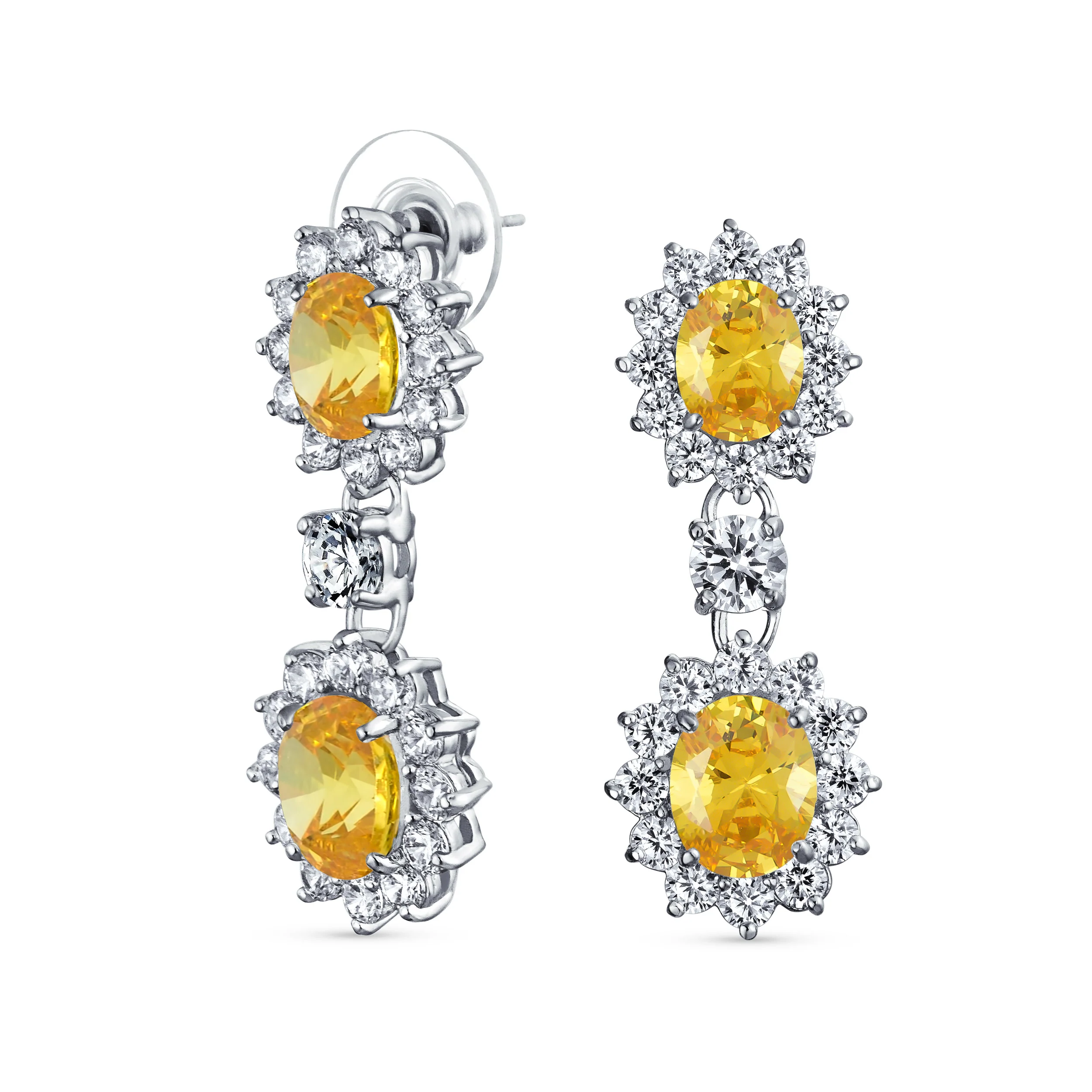 Art Deco Style Crown Halo Oval CZ Fashion Dangle Drop Earrings Rhodium Plated - Image 4