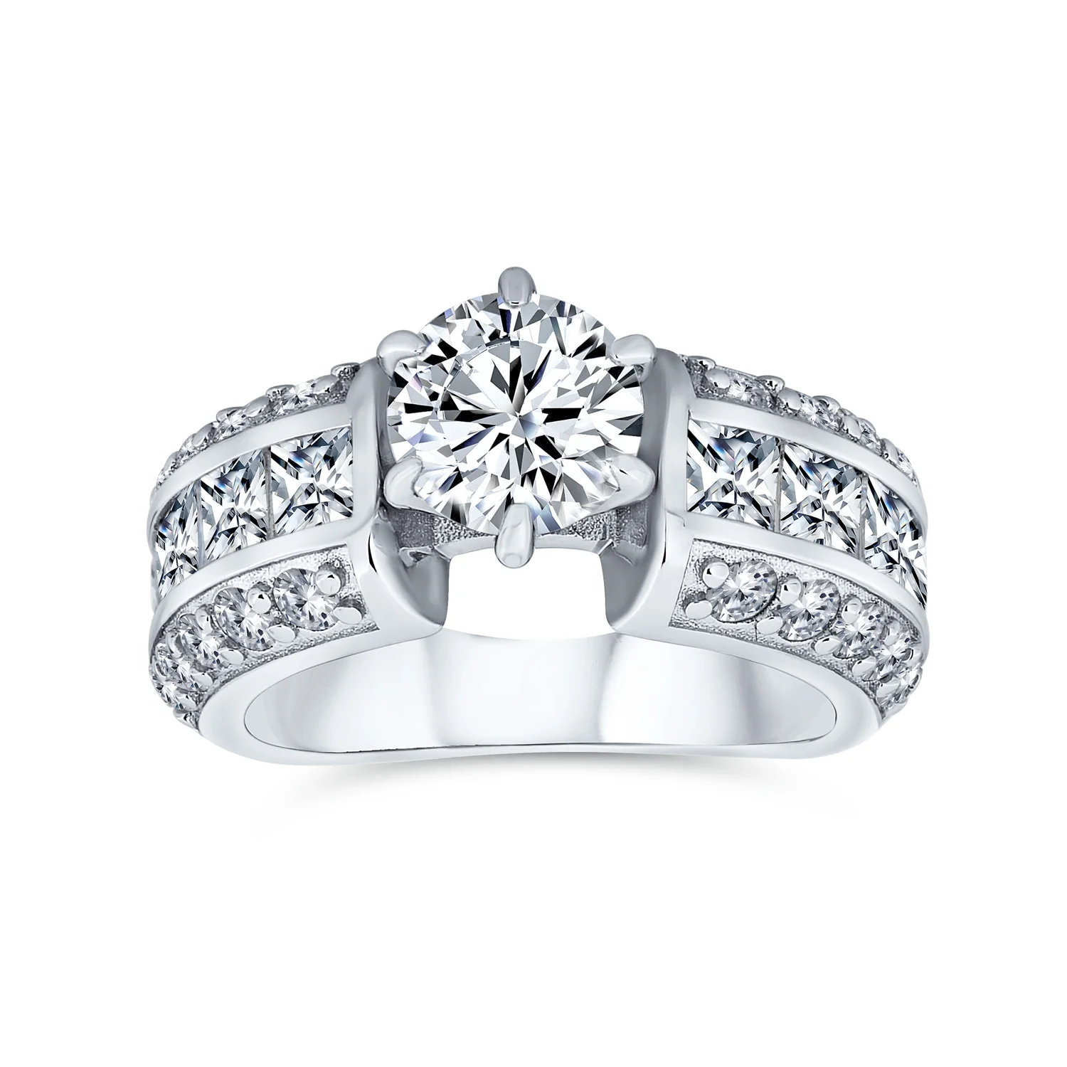 Vintage Art Deco Style 2CTW CZ Round Solitaire Engagement Ring Band 3 Row Band .925 Sterling Silver