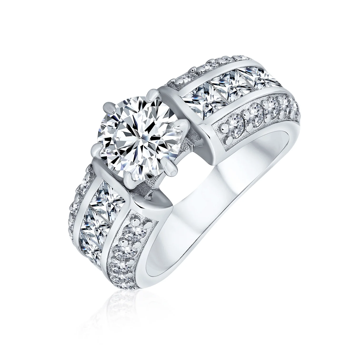Vintage Art Deco Style 2CTW CZ Round Solitaire Engagement Ring Band 3 Row Band .925 Sterling Silver - Image 2