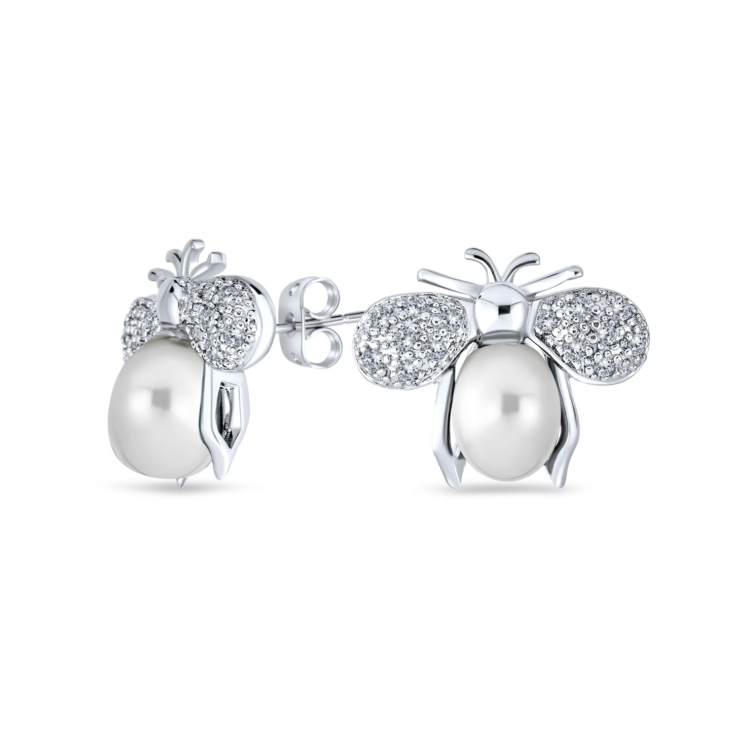 Vintage Art Deco CZ Stud Earrings with Jade and Pearl Bumble Bee Design - Image 2