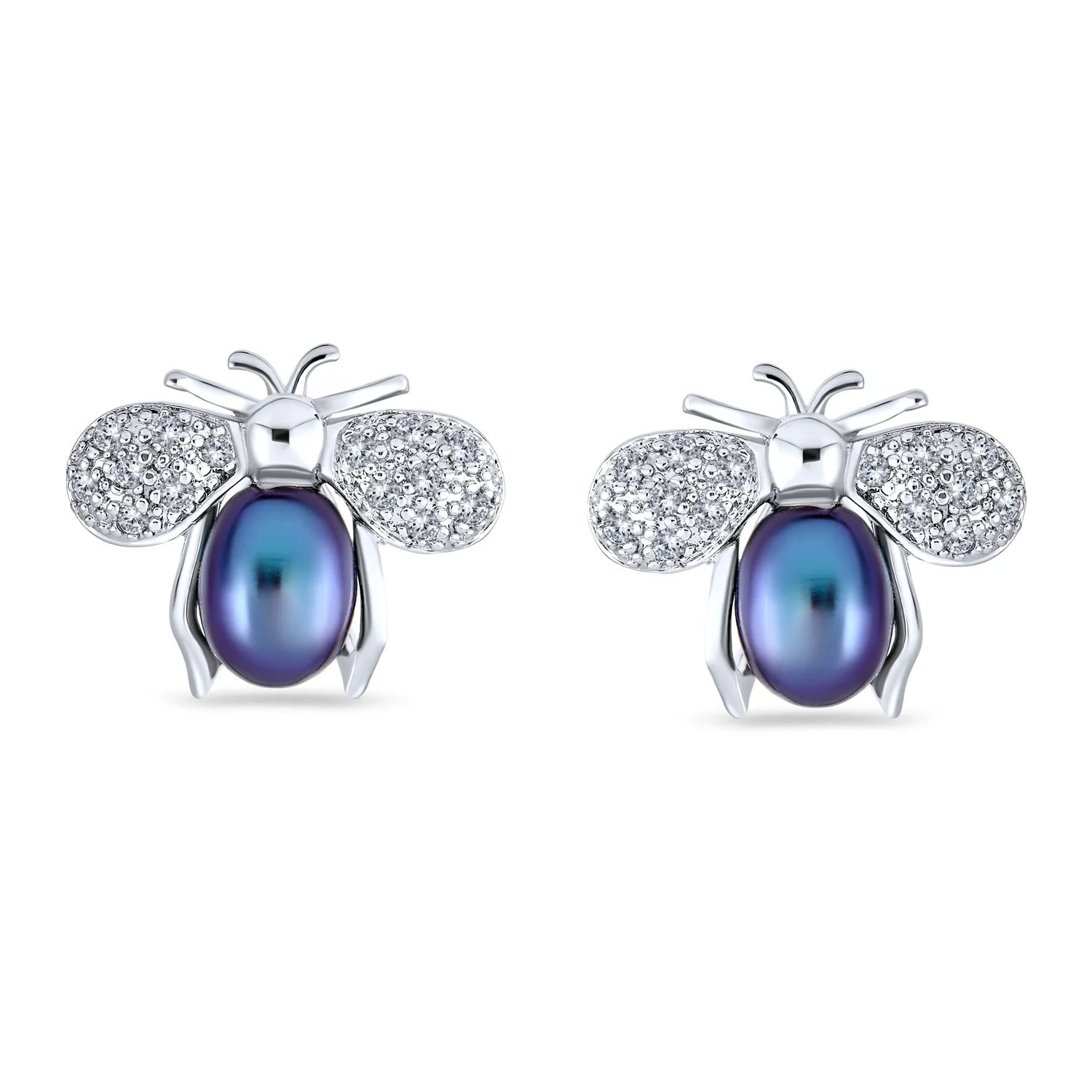 Vintage Art Deco CZ Stud Earrings with Jade and Pearl Bumble Bee Design - Image 3