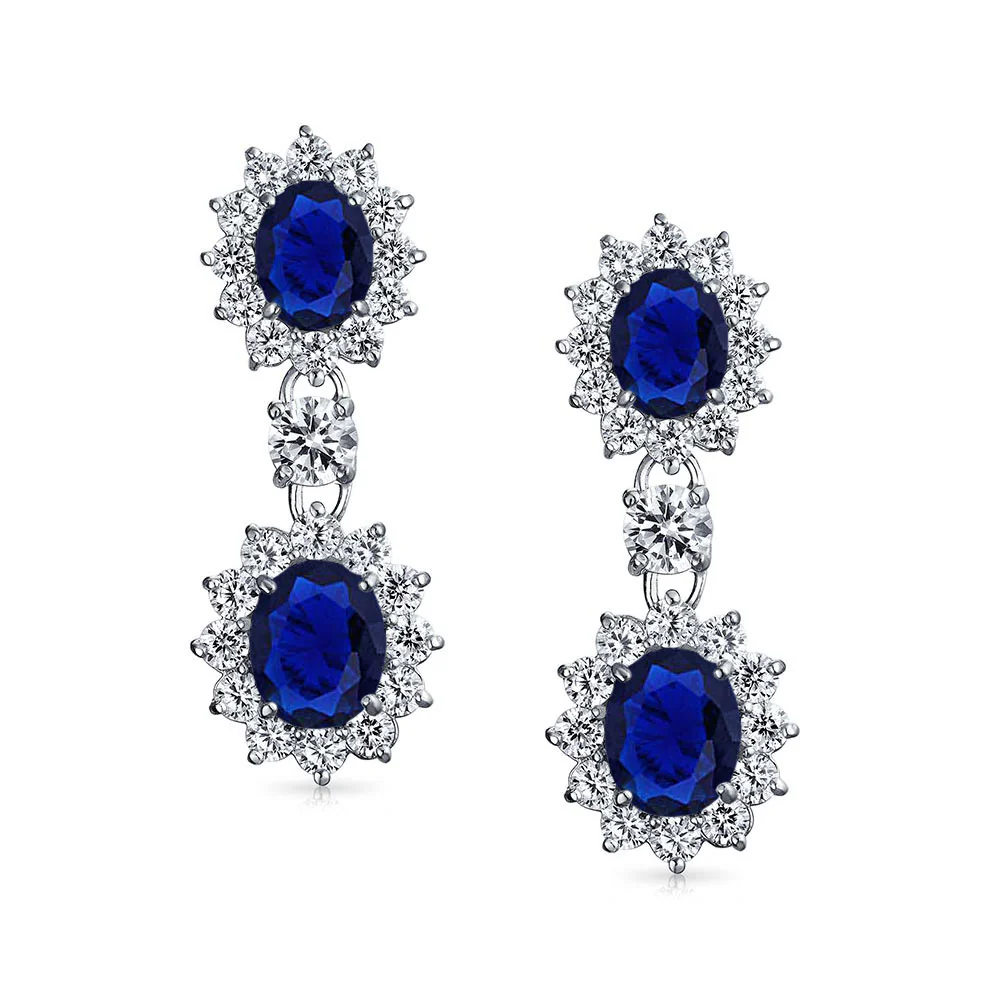 Vintage Art Deco Dangle Chandelier Earrings Blue Sapphire CZ - Image 3