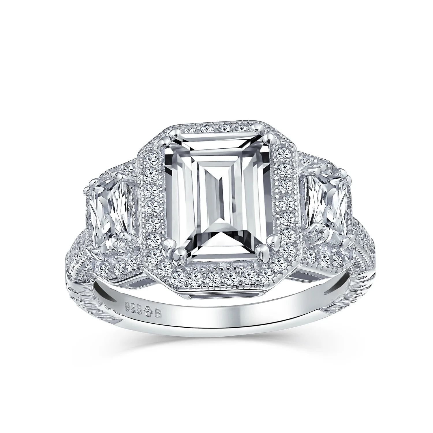 Art Deco Style Statement Engagement Ring 3CT CZ Cubic Zirconia Emerald Cut Baguette Sterling Silver