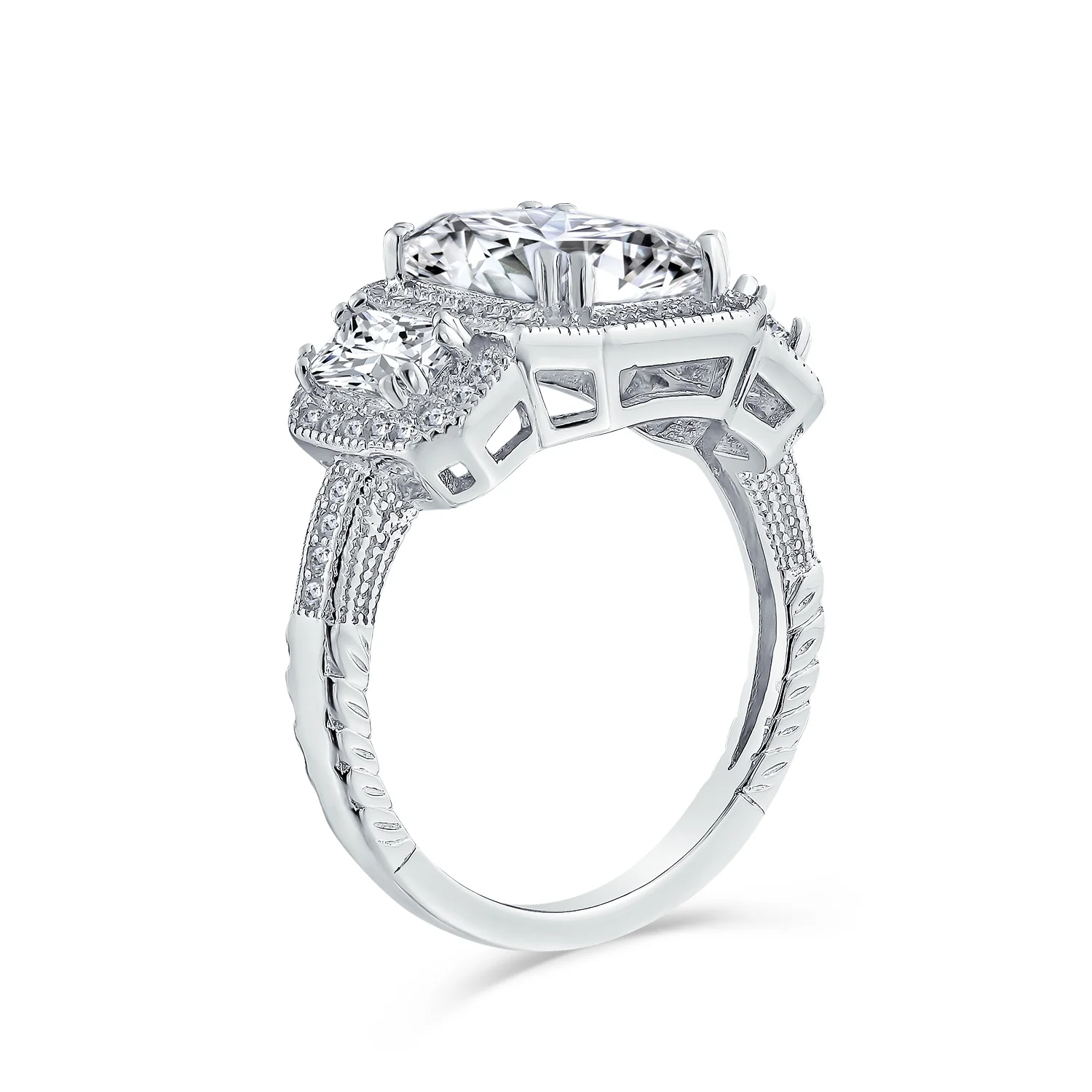 Art Deco Style Statement Engagement Ring 3CT CZ Cubic Zirconia Emerald Cut Baguette Sterling Silver - Image 2
